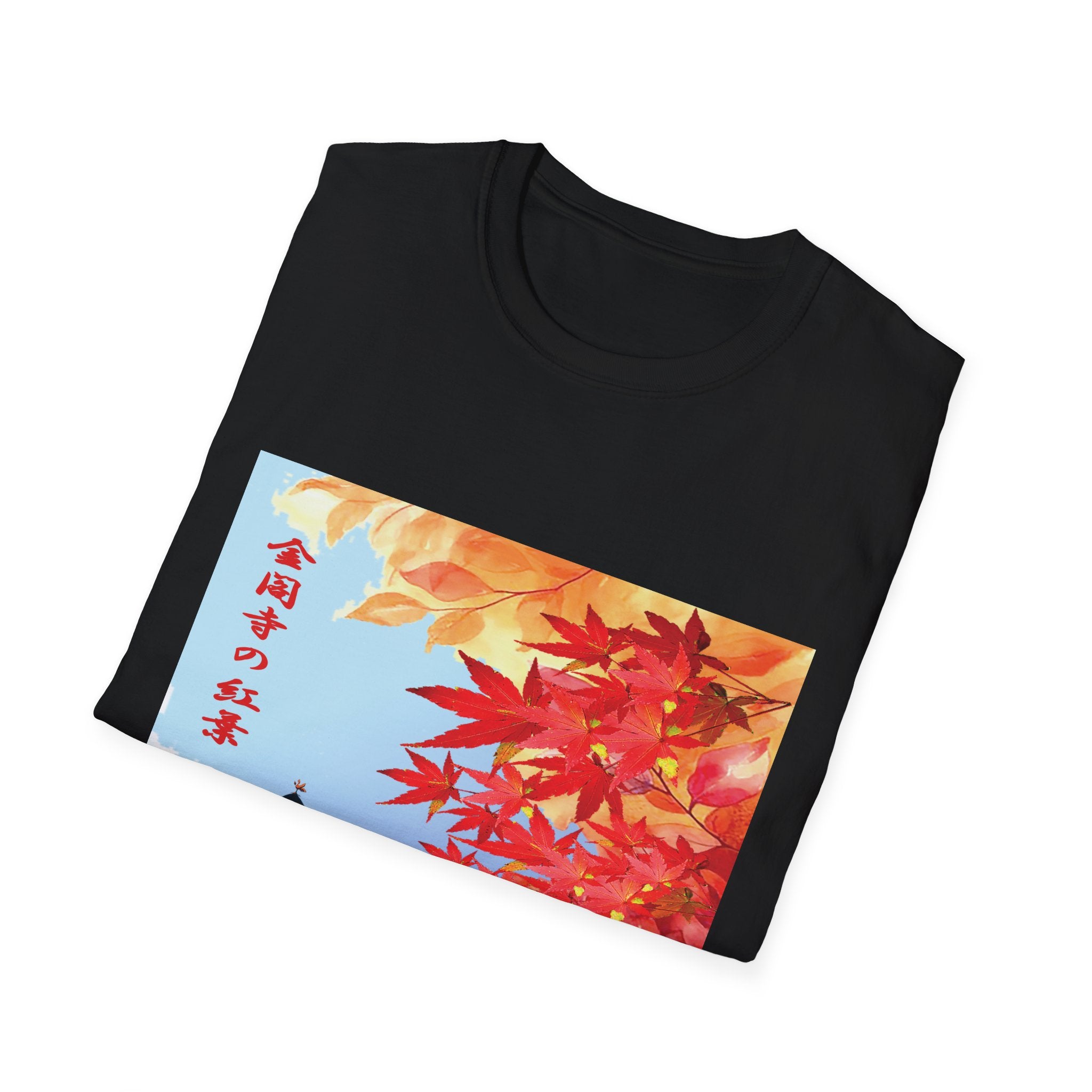 Black t-shirt with a colorful leaf design on a white background