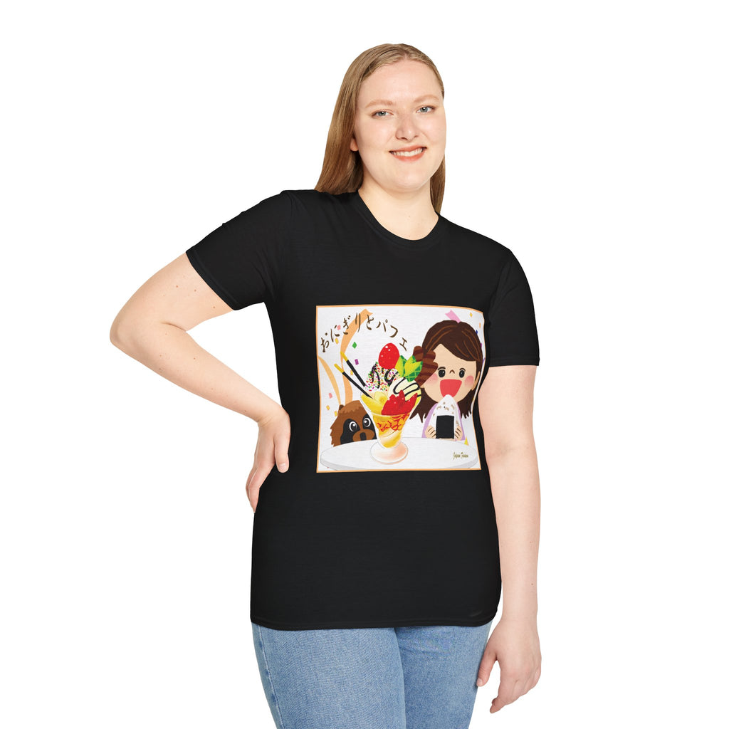 Female wearing a black t-shirt with a colorful graphic design on a white background