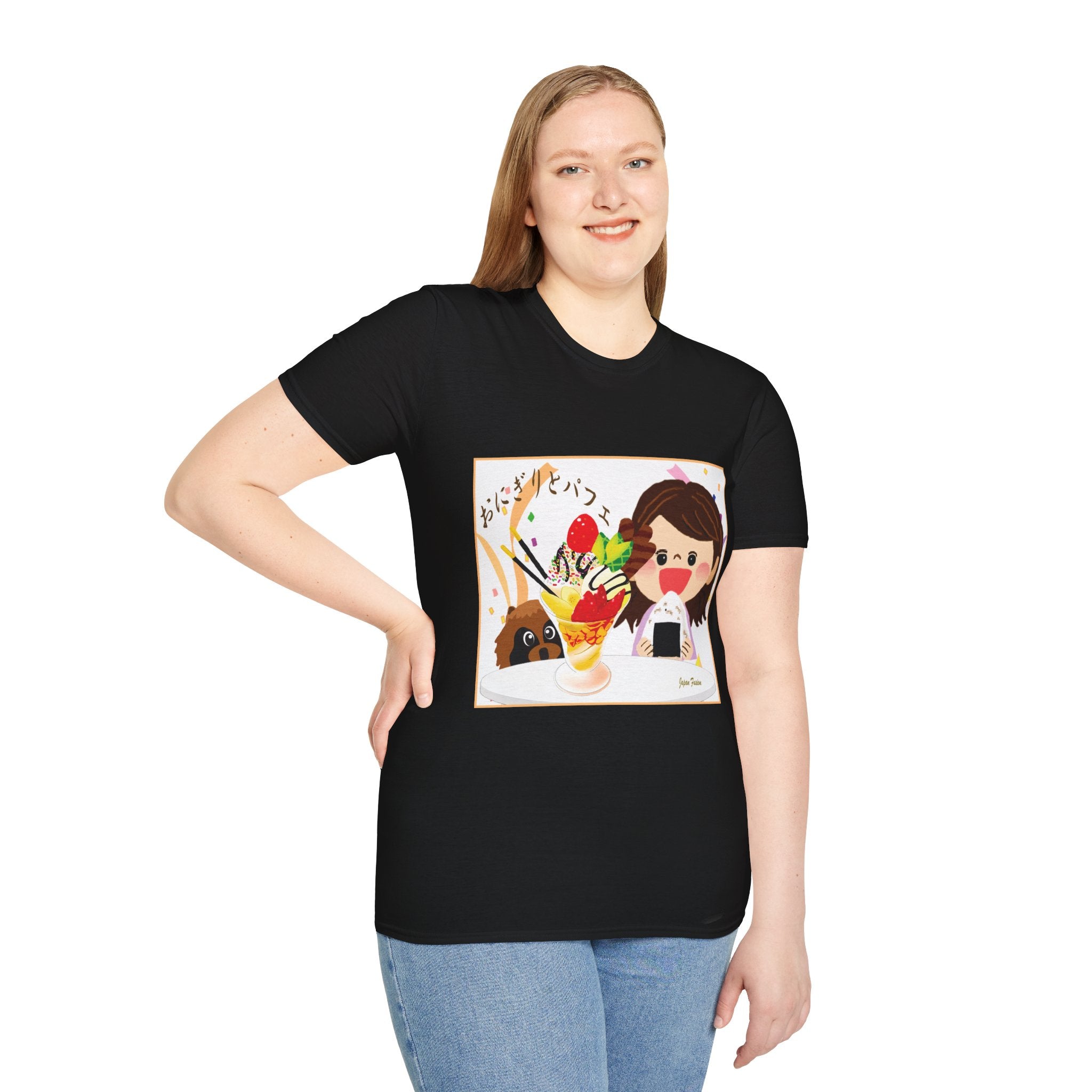 Female wearing a black t-shirt with a colorful graphic design on a white background