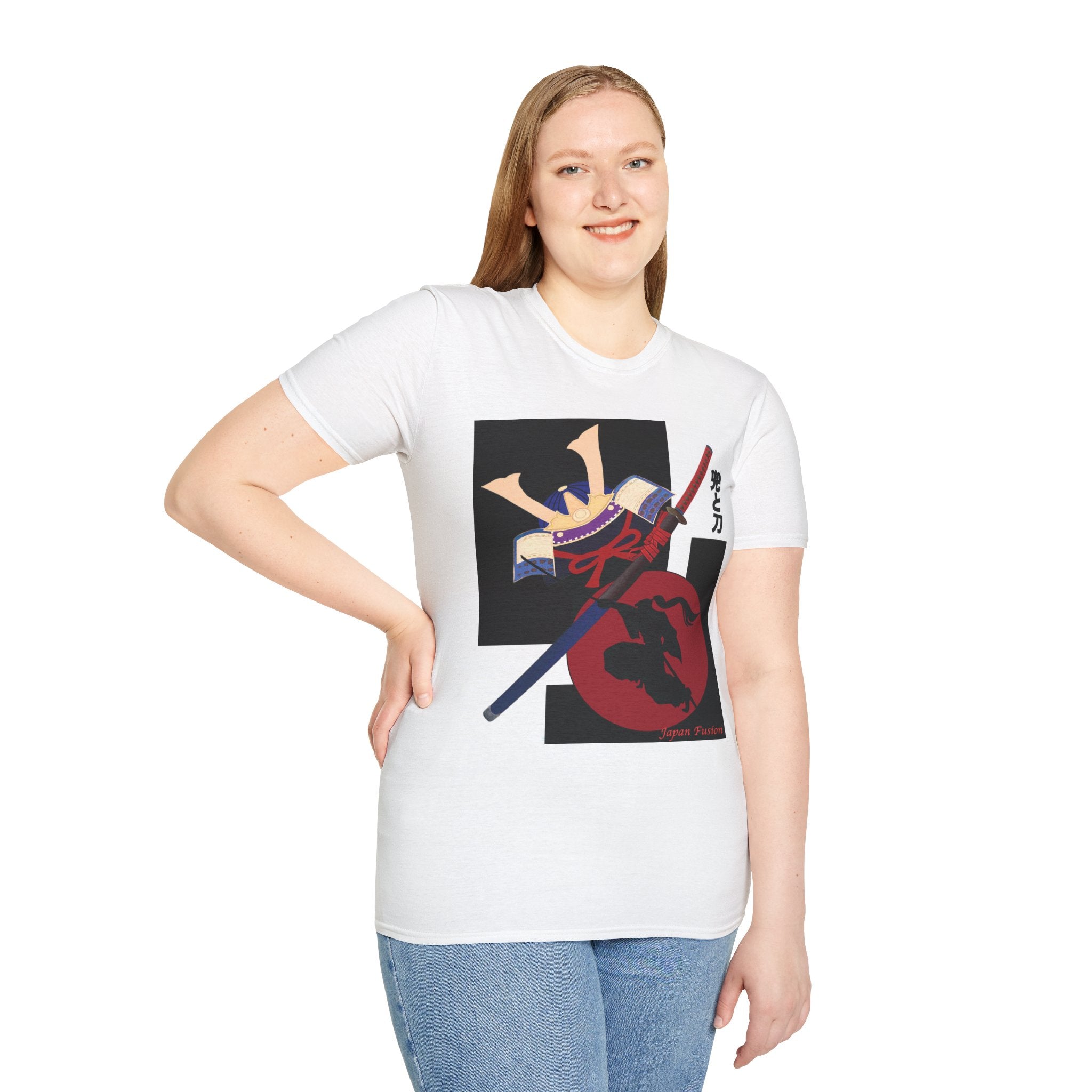 Female wearing a white t-shirt with graphic design on a plain background