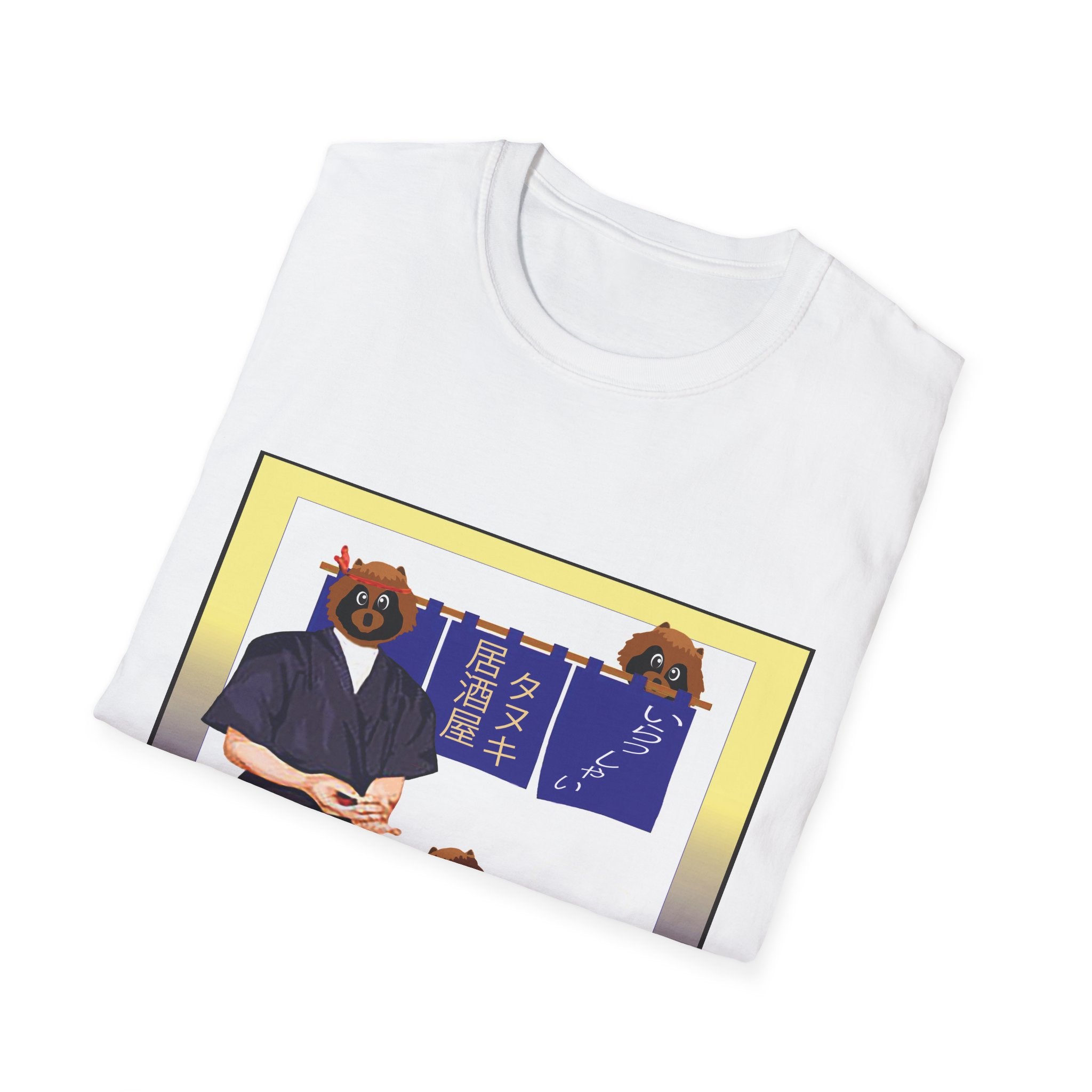 White t-shirt with a graphic design of two characters on a white background