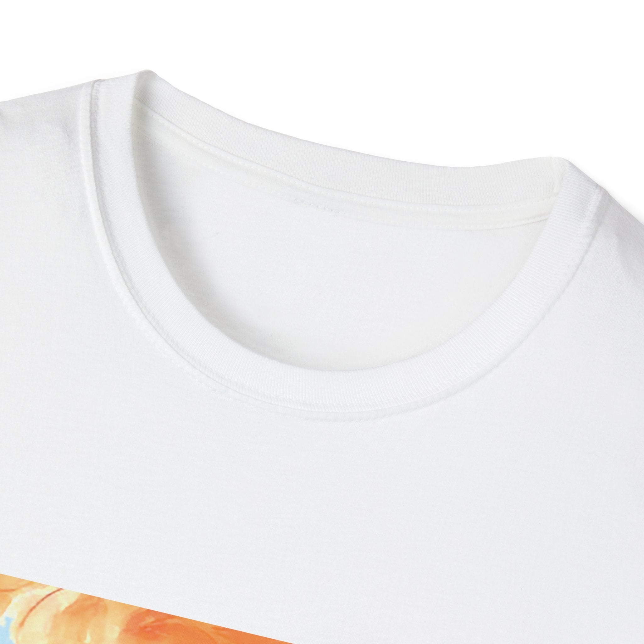 Close-up of a white t-shirt with a colorful design on a white background