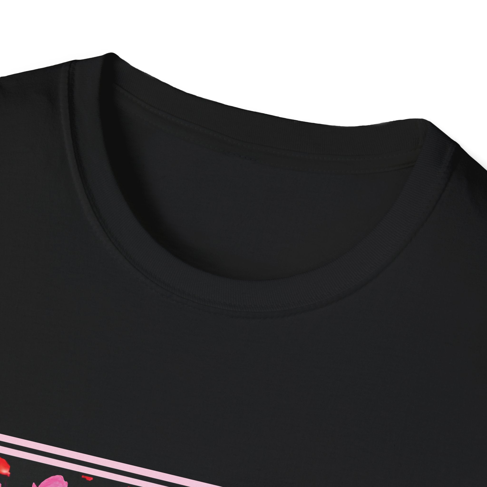 Close-up of a black t-shirt with a small design at the bottom corner on a white background