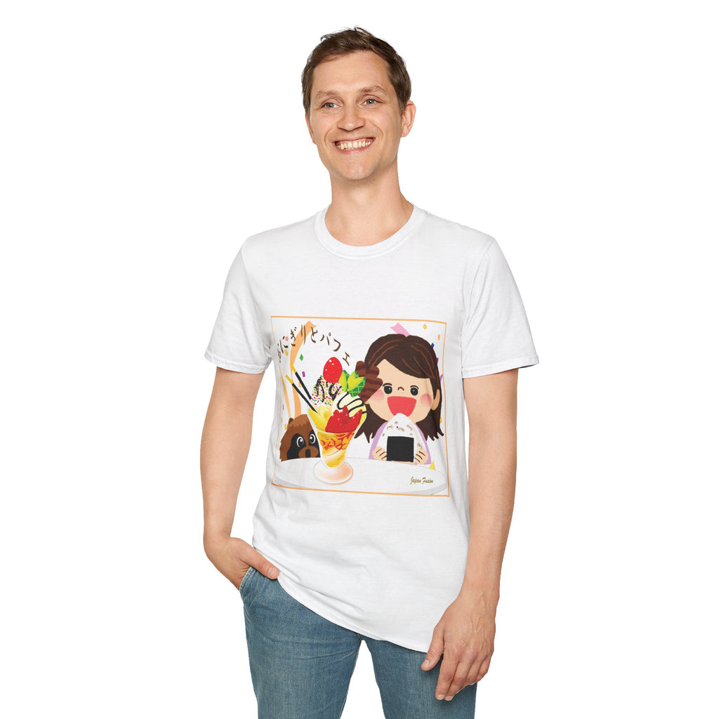 Male wearing a white t-shirt with a graphic design on a white background
