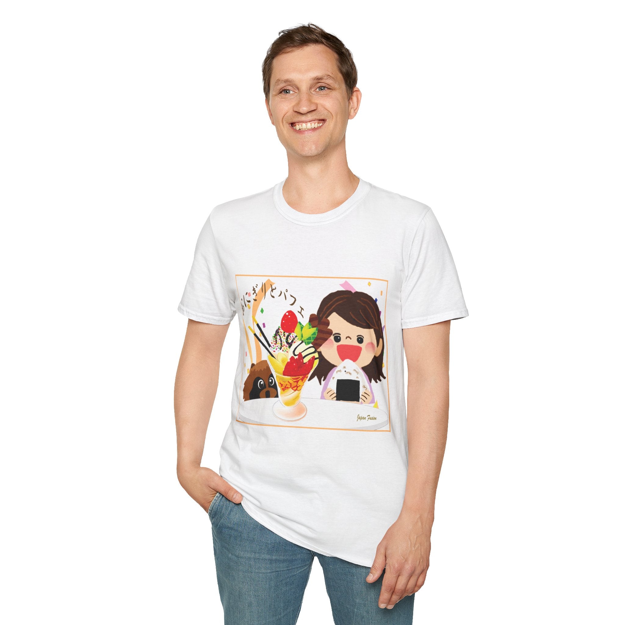 Male wearing a white t-shirt with a graphic design on a white background
