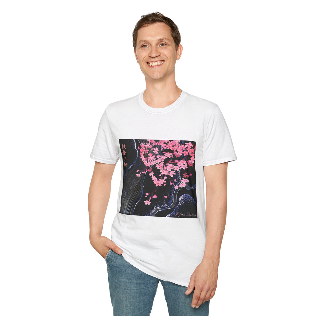 Male wearing a white t-shirt with a cherry blossom design on a white background