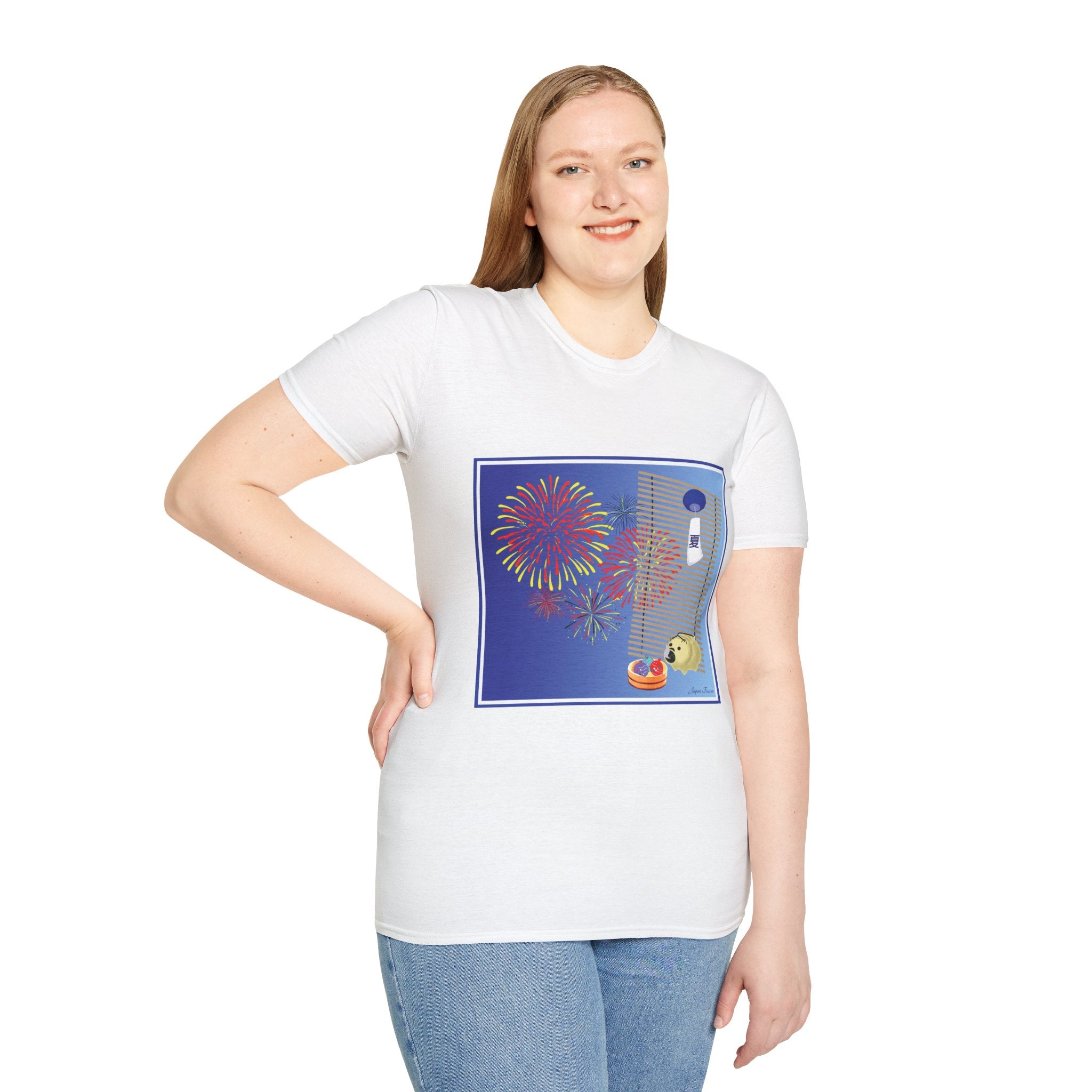 Person wearing a white t-shirt with a graphic design on a white background