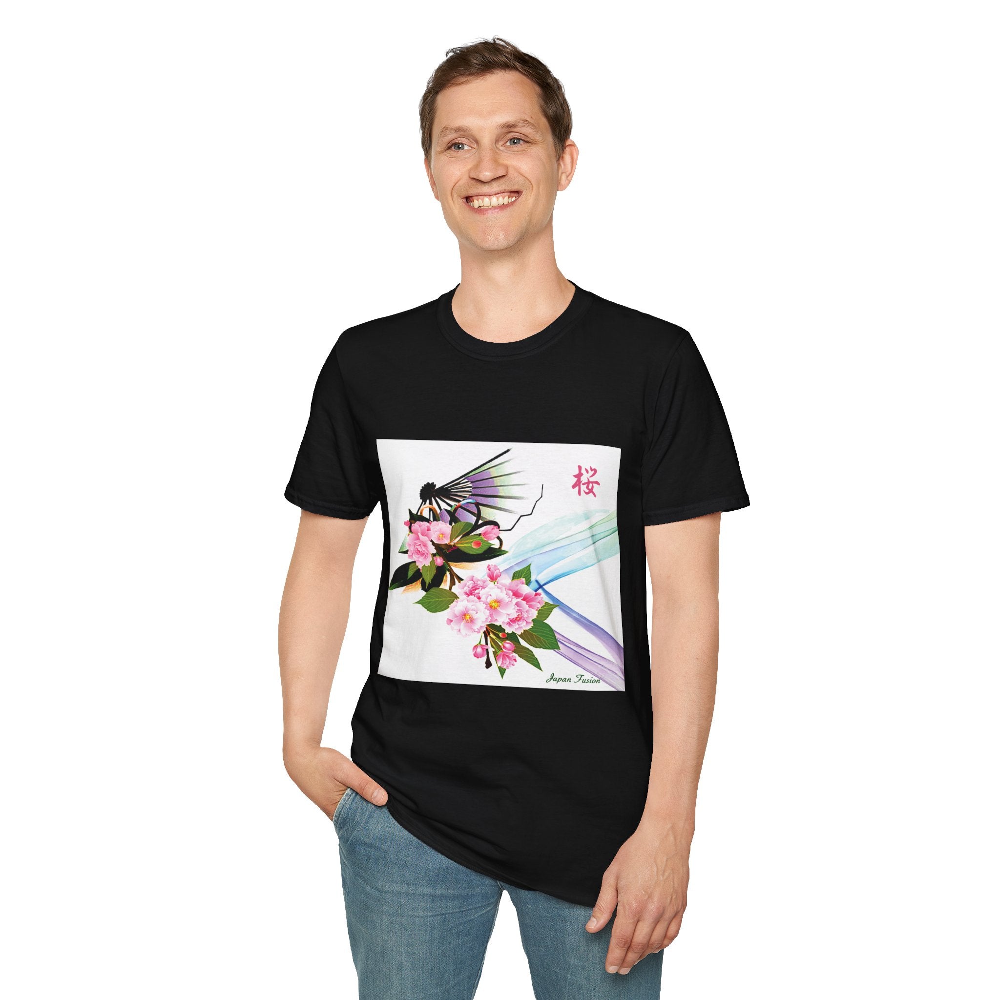 Male wearing a black t-shirt with a colorful design of a butterfly and flowers on a white background
