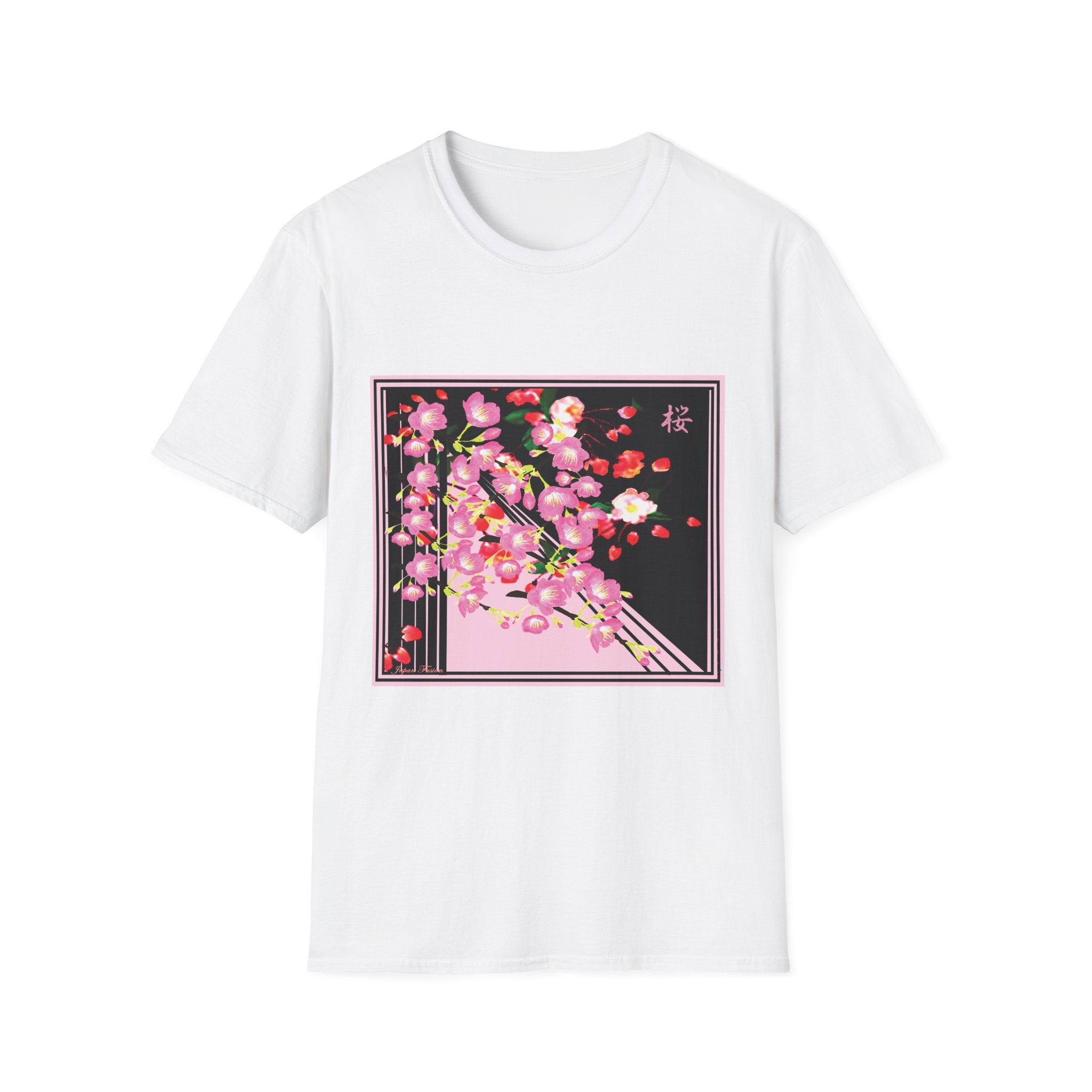 White t-shirt with a floral design on a white background
