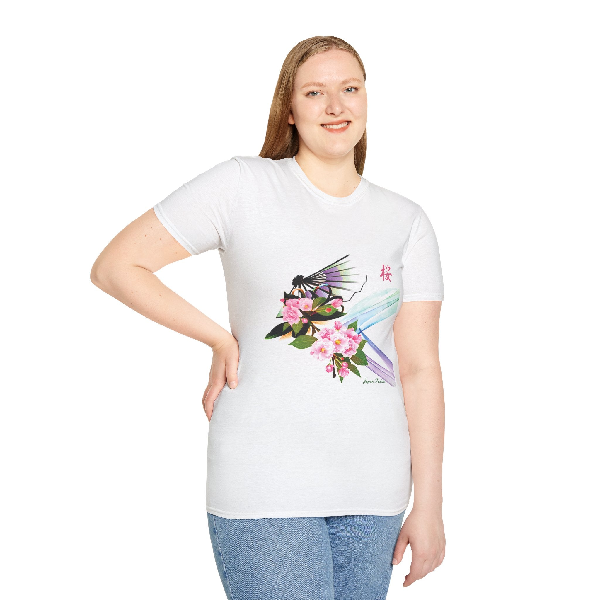 Female wearing a white t-shirt with a colorful graphic design on a white background
