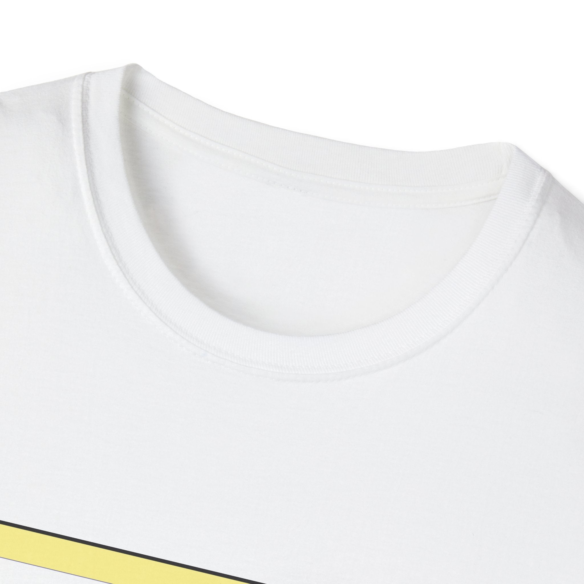 Close-up of a white t-shirt with a yellow stripe on a white background