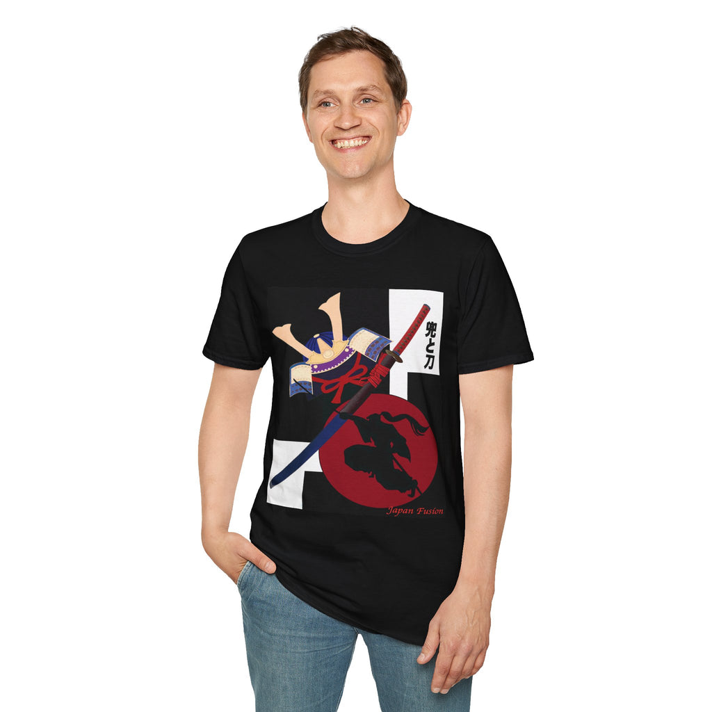 Male wearing a black t-shirt with a graphic design on a white background