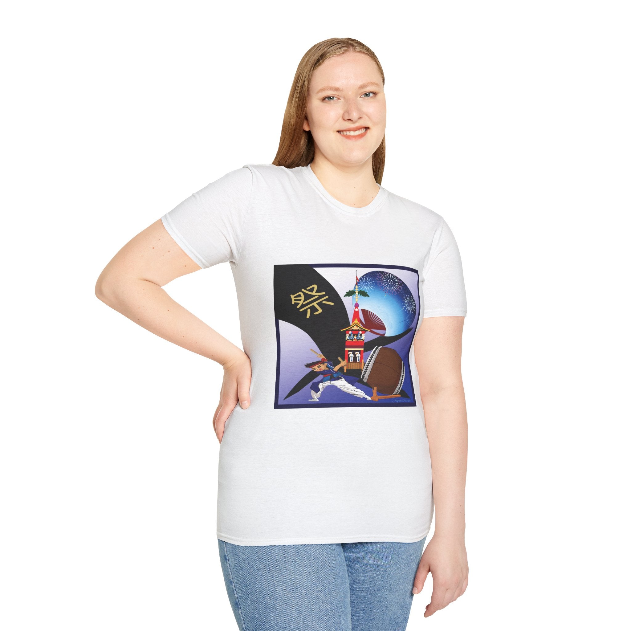 Female wearing a white t-shirt with a colorful graphic design on a white background