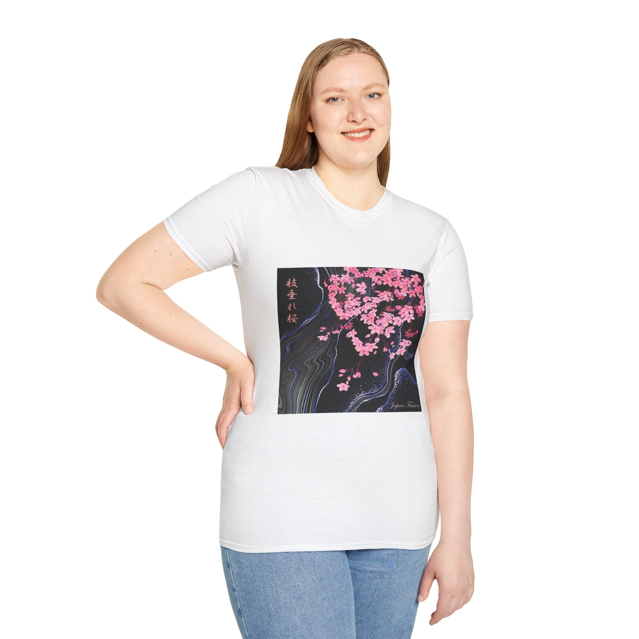 Female wearing a white t-shirt with a cherry blossom design on a white background