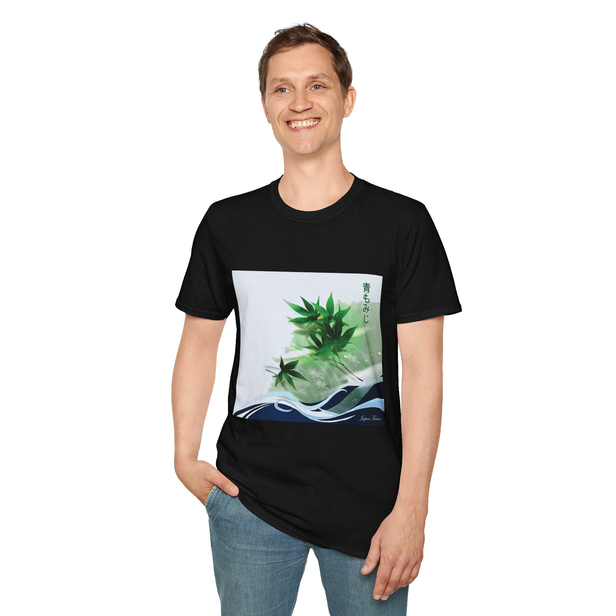 Male wearing a black t-shirt with a nature graphic design on a white background