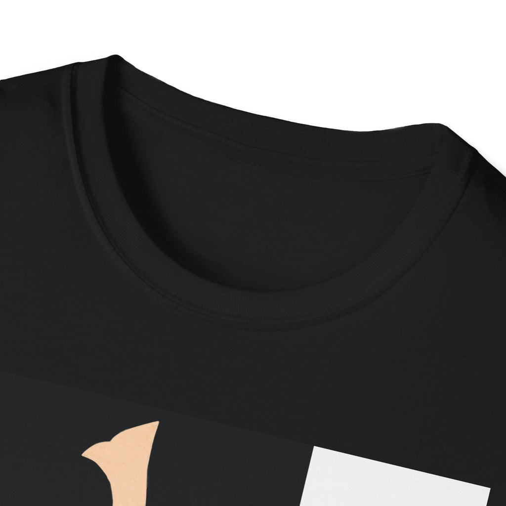 Close-up of a black t-shirt with a design on a white background