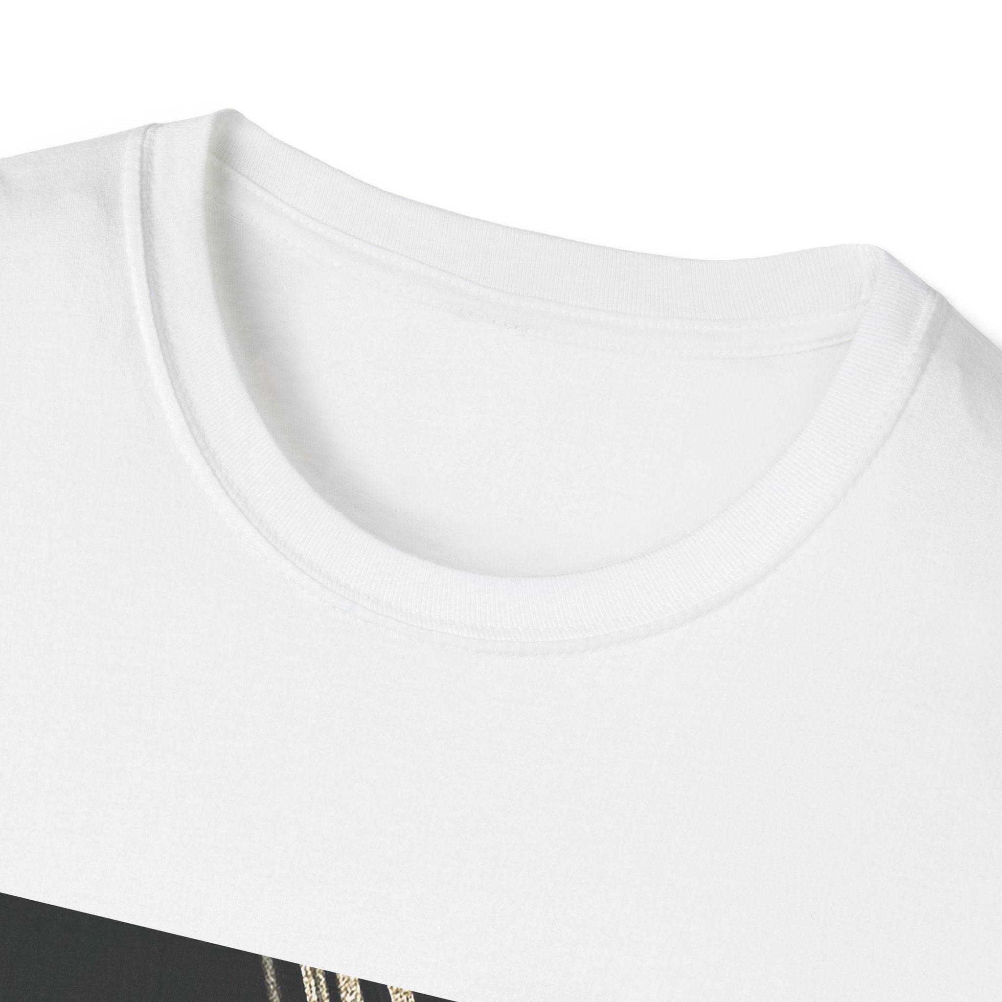 Close-up of a white t-shirt with a small logo on a white background