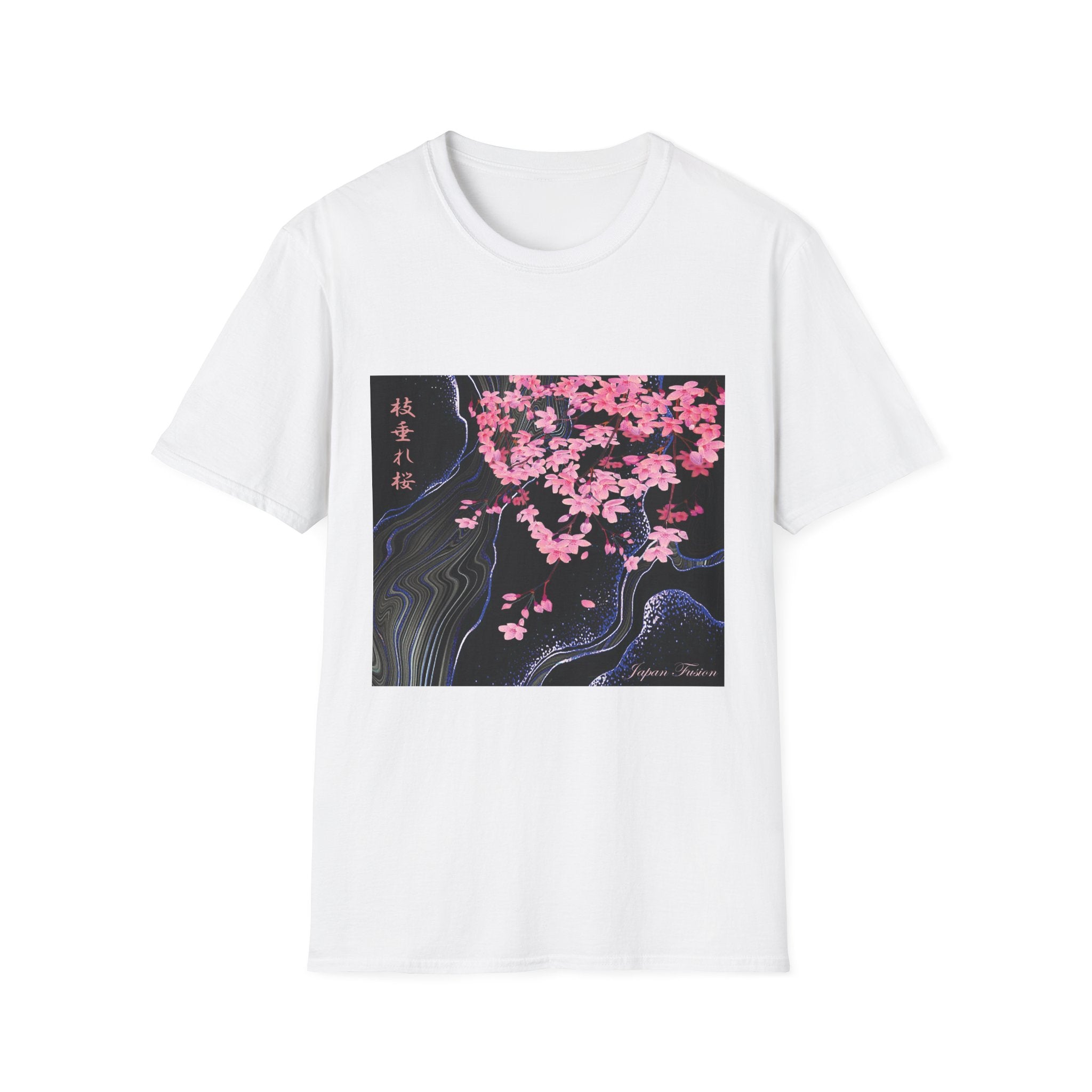 Japan Fusion Moonlight Flow of Sakura Japanese cherry blossom art unisex graphic White t-shirt