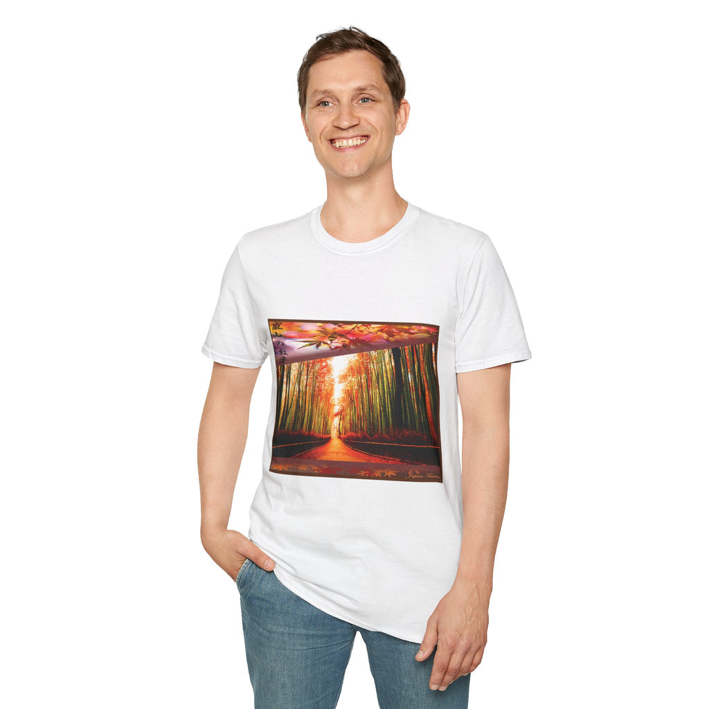 Male wearing a white t-shirt with a forest design on a white background