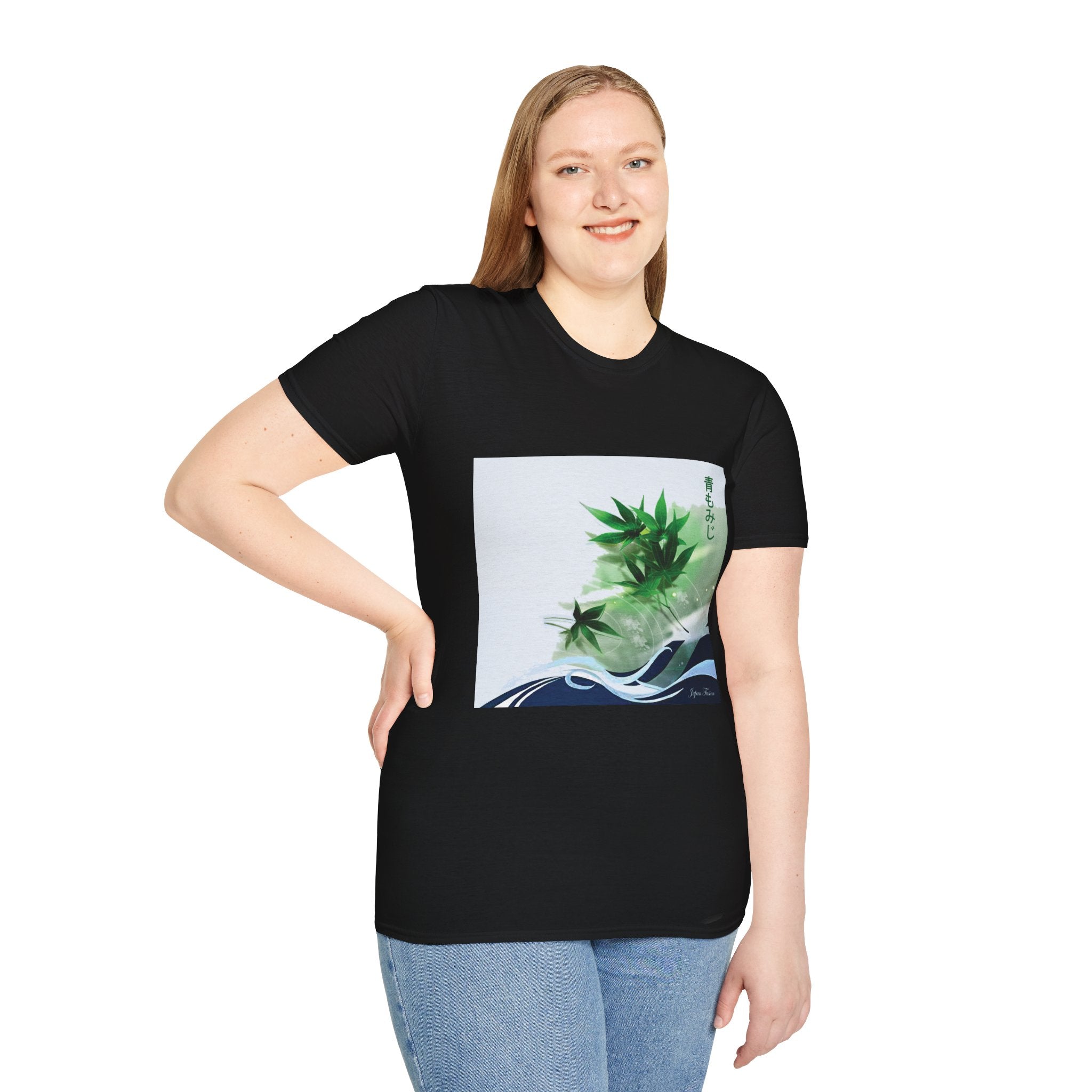Female wearing a black t-shirt with a graphic design on a white background