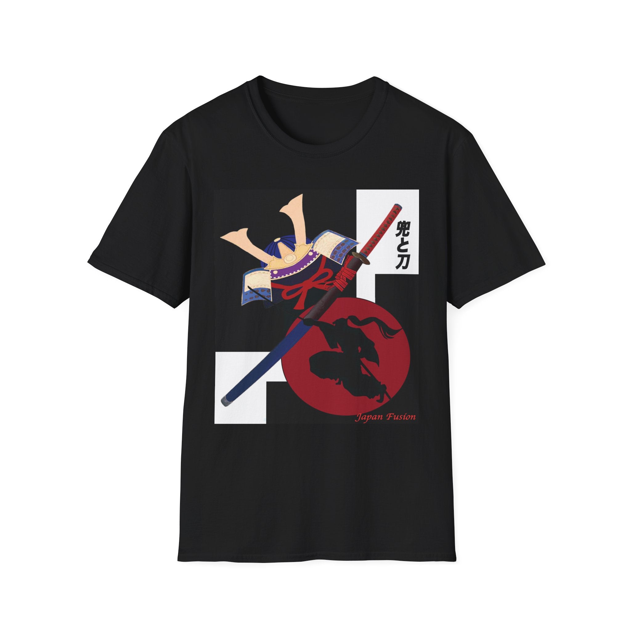 Black t-shirt with graphic design featuring a character and sword on a white background