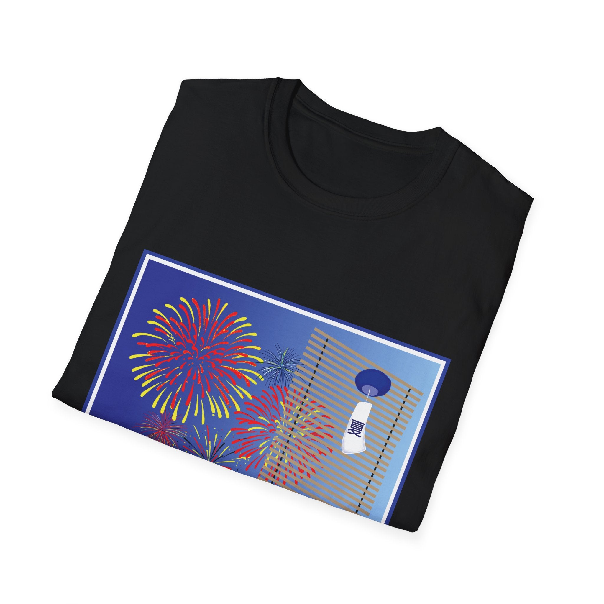 Black t-shirt with a colorful graphic design on a white background