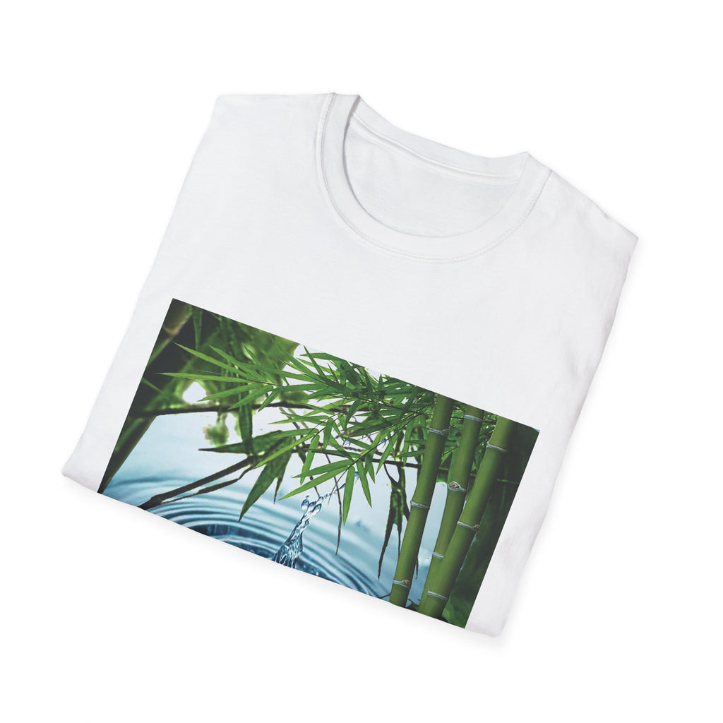 White t-shirt with bamboo design on a white background