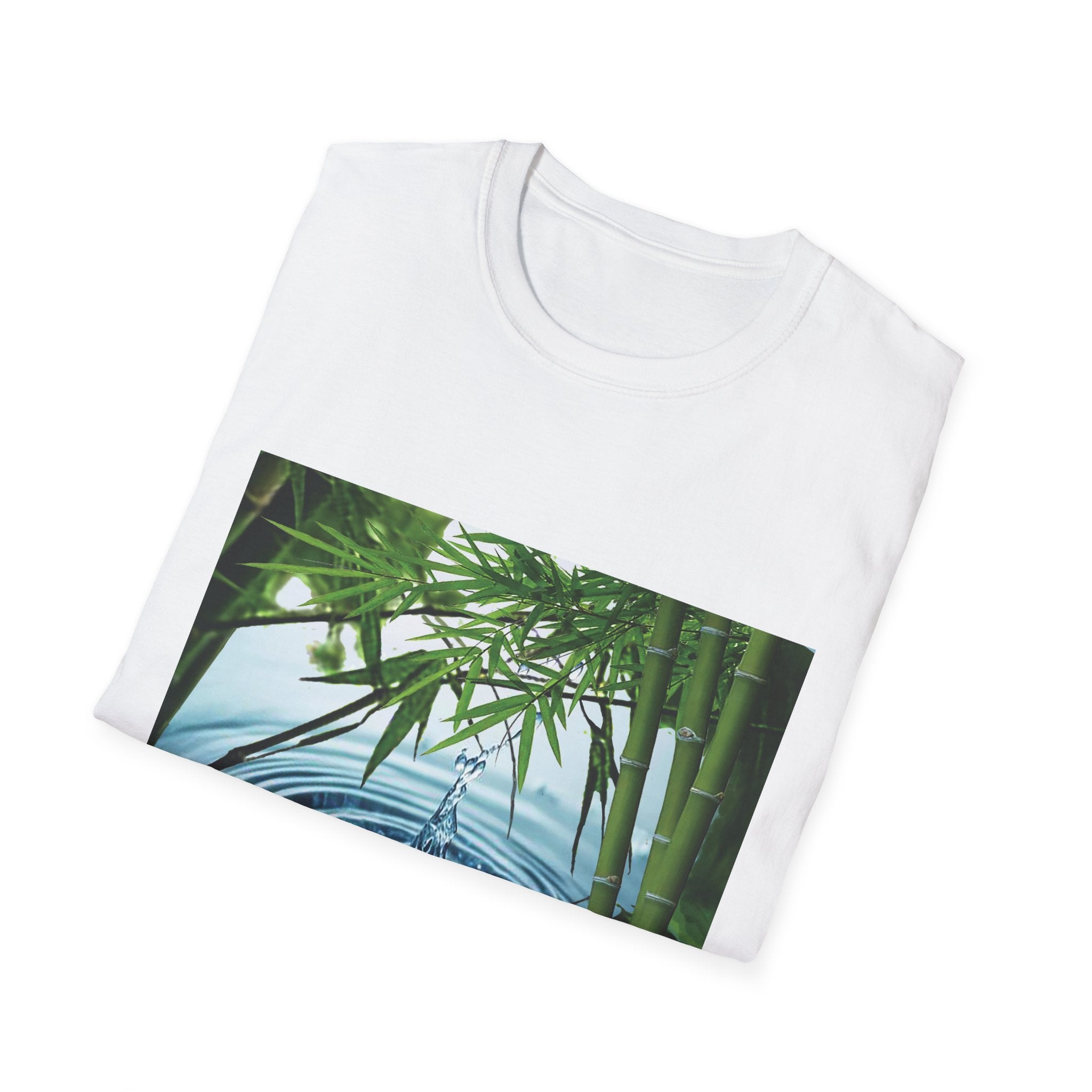 White t-shirt with bamboo design on a white background