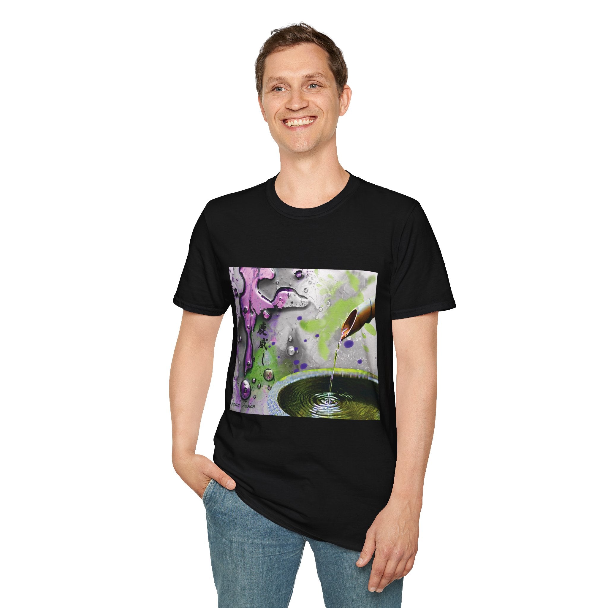 Male wearing a black t-shirt with a colorful graphic design on a white background