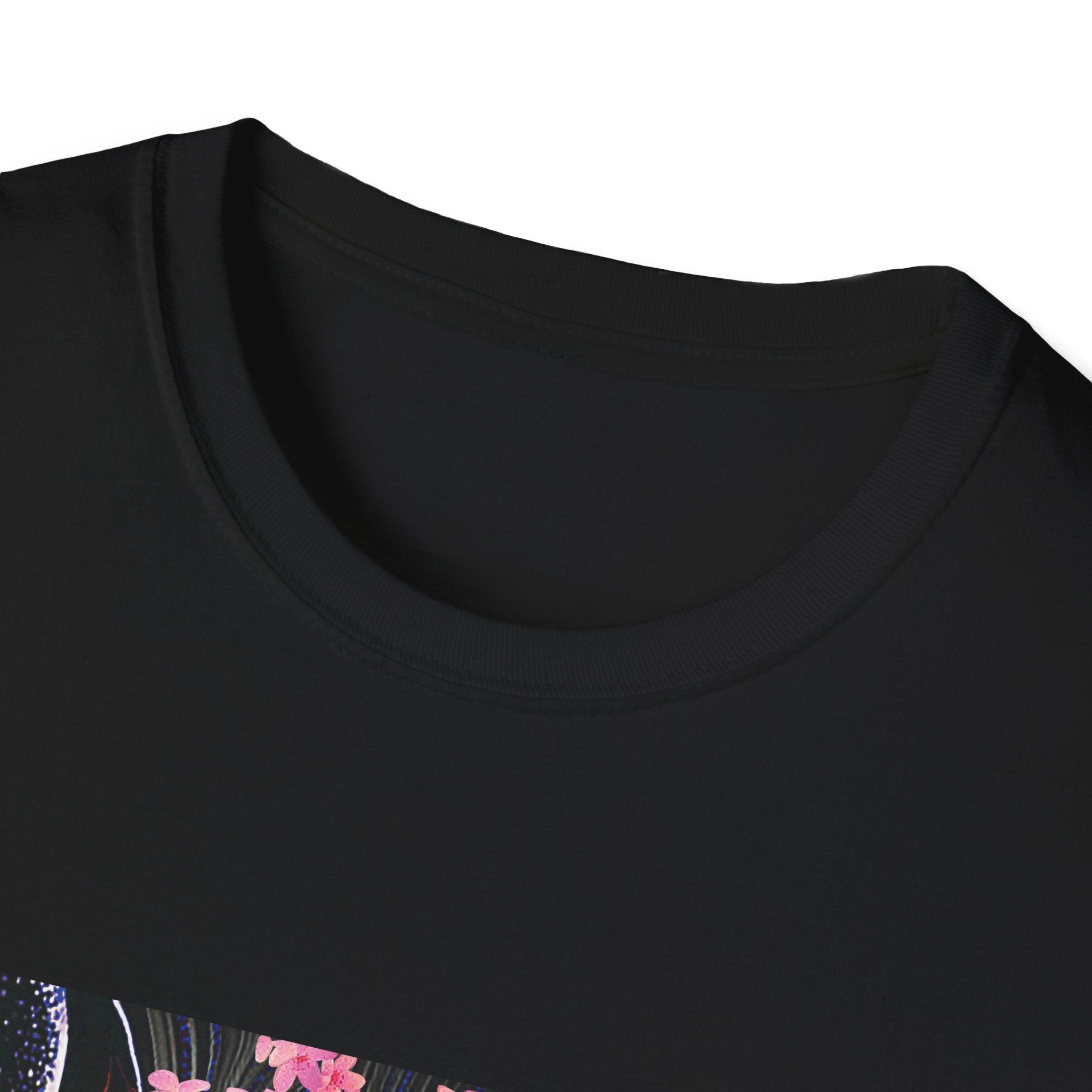 Close-up of a black shirt with floral design on a white background
