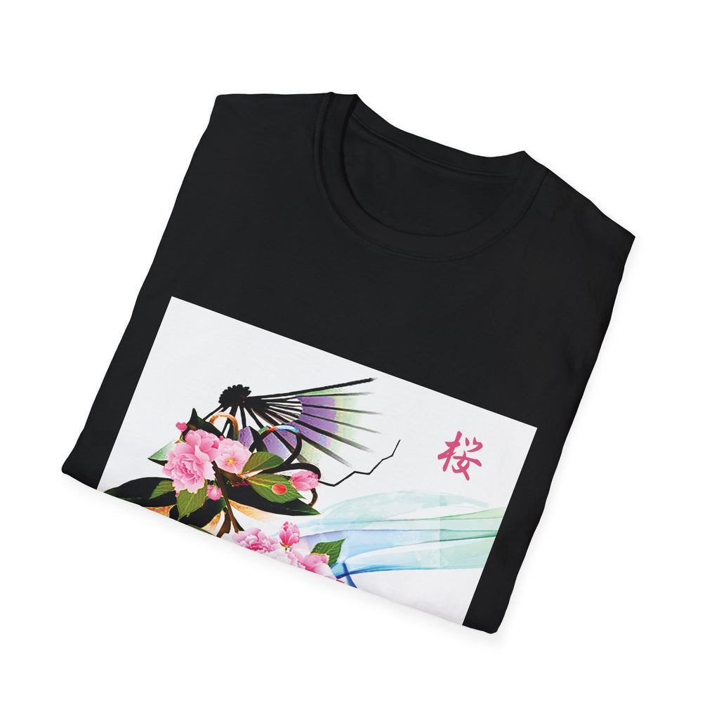 Black t-shirt with a colorful graphic design on a white background