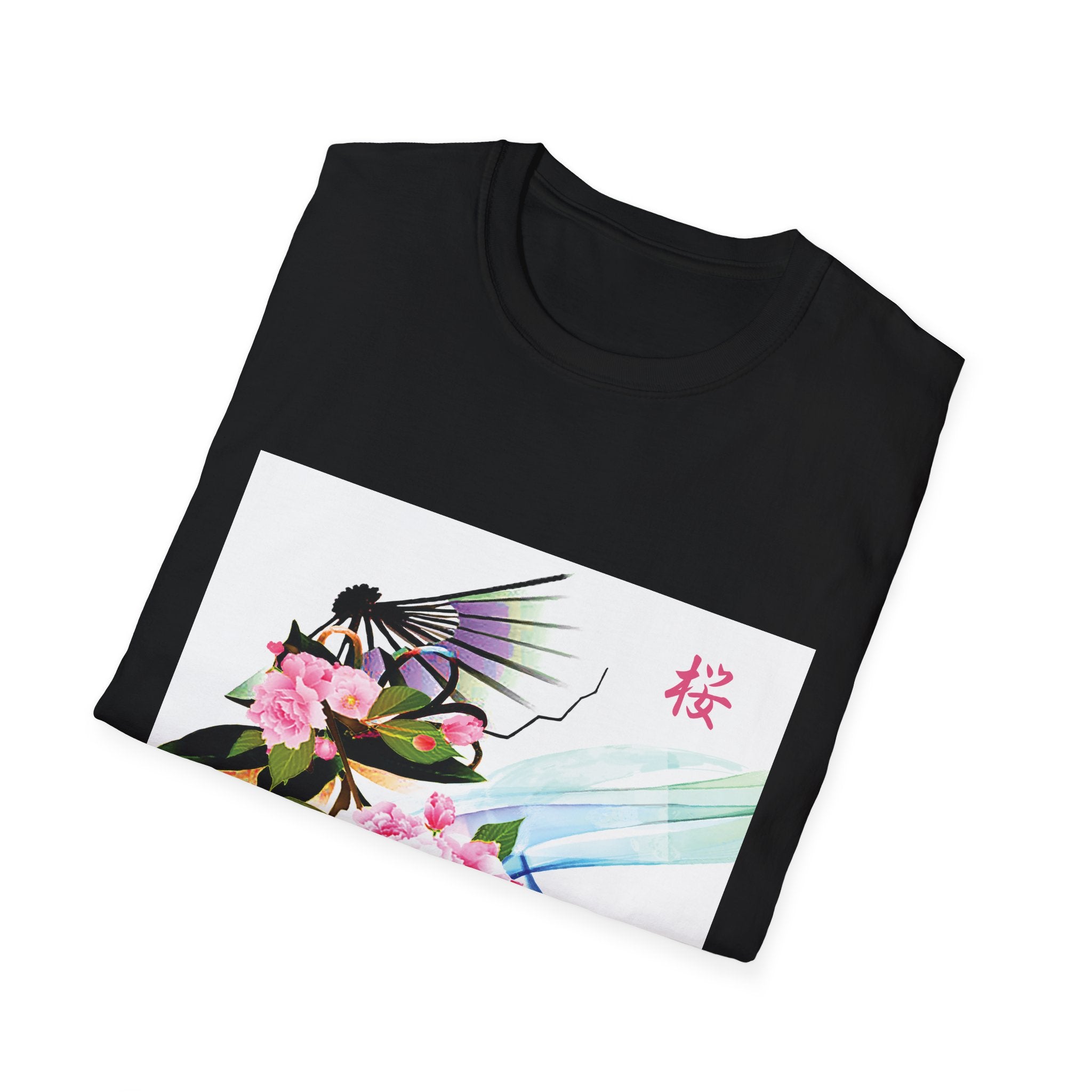 Black t-shirt with a colorful graphic design on a white background