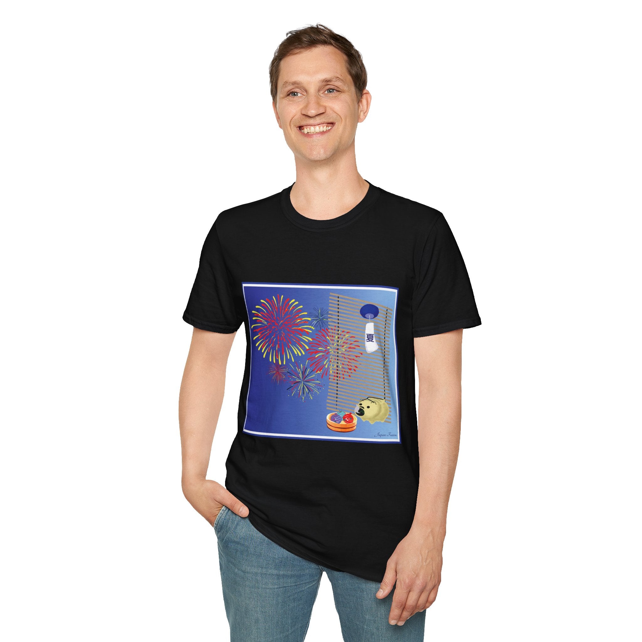 Male wearing a black t-shirt with a colorful graphic design on a white background