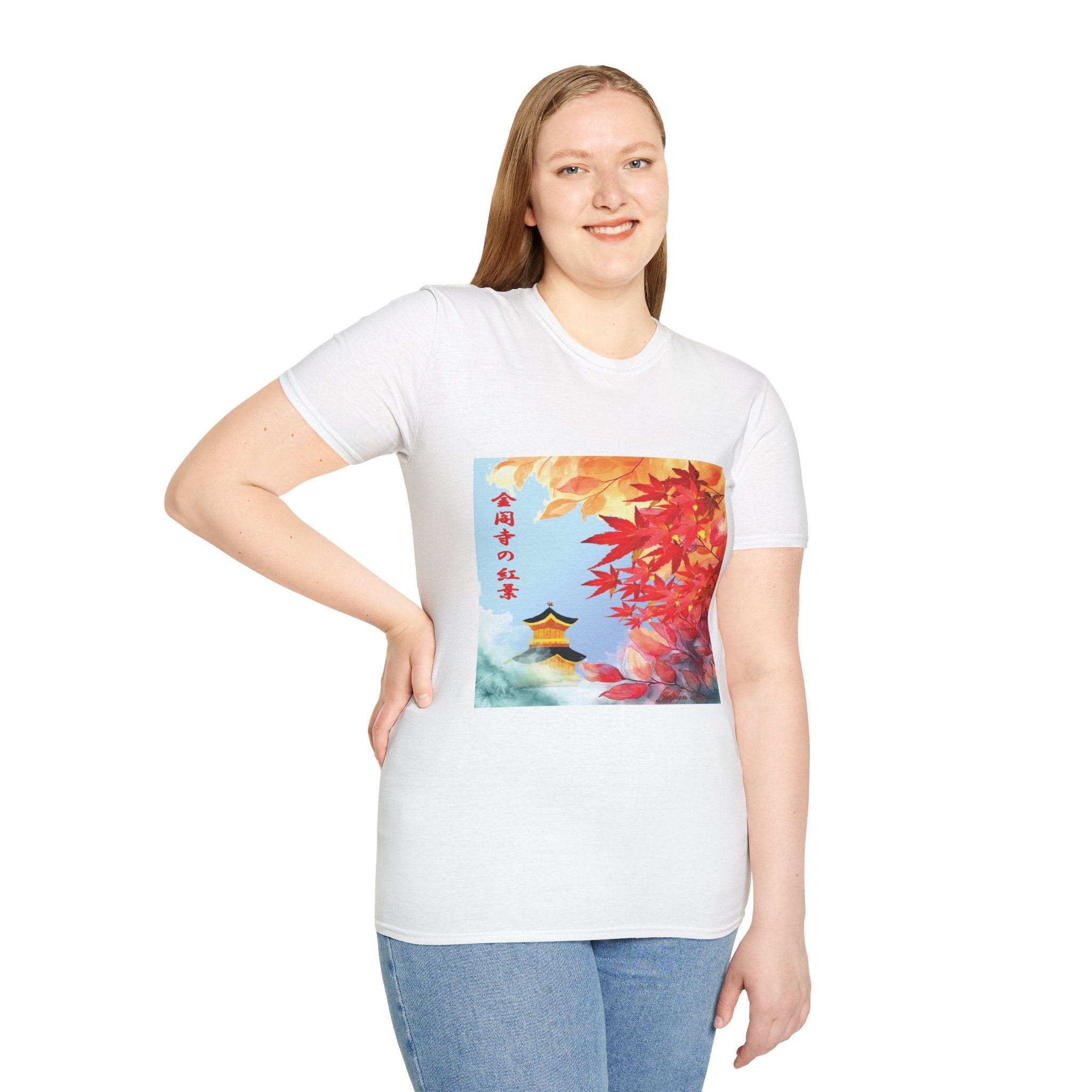 Female wearing a white t-shirt with a colorful graphic design on a white background