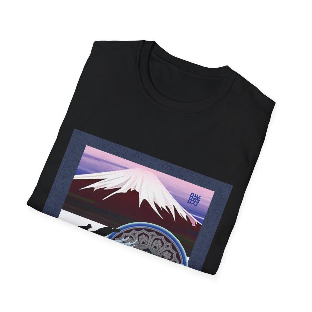 Black t-shirt with Mount Fuji design on a white background