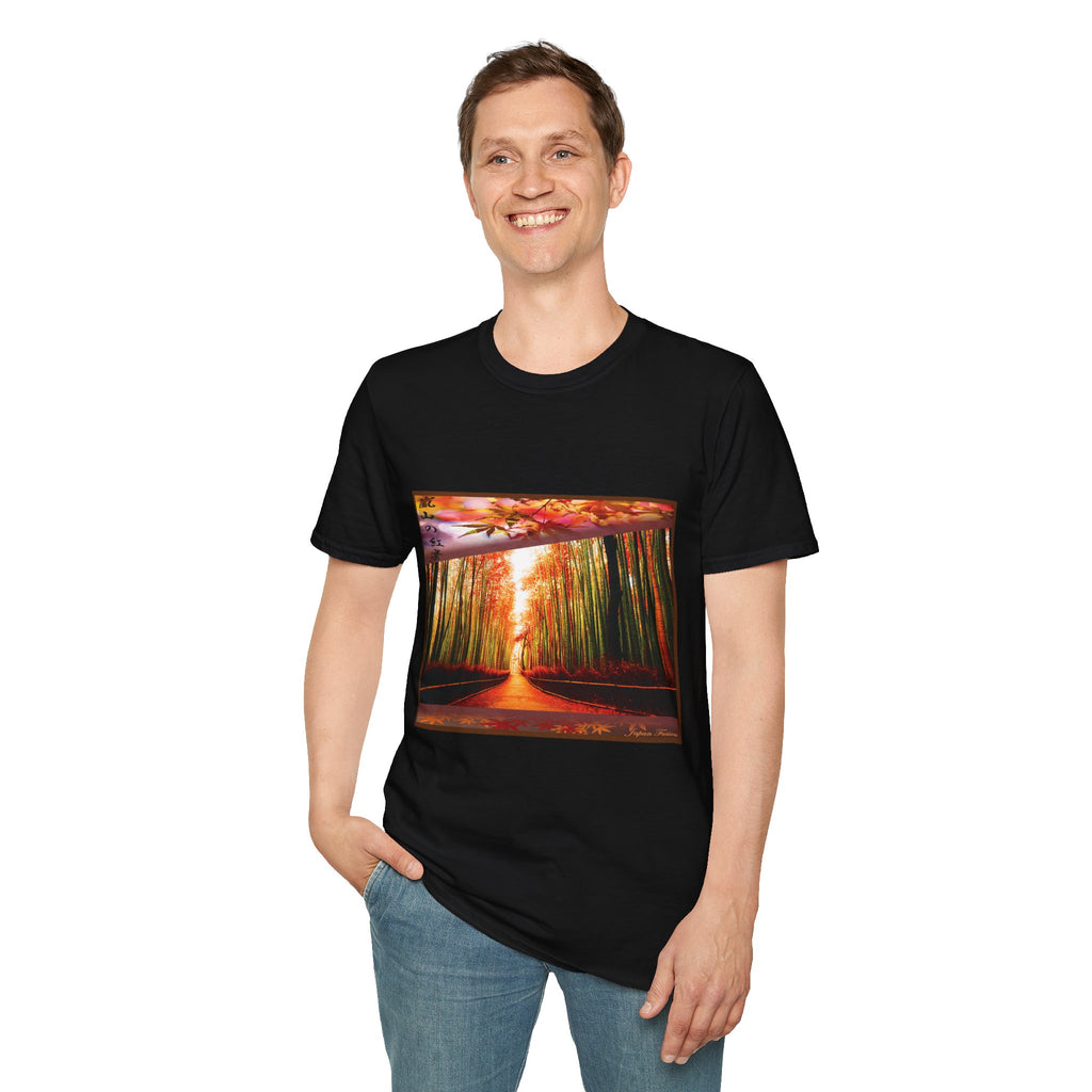 Male wearing a black t-shirt with a colorful forest design on a white background