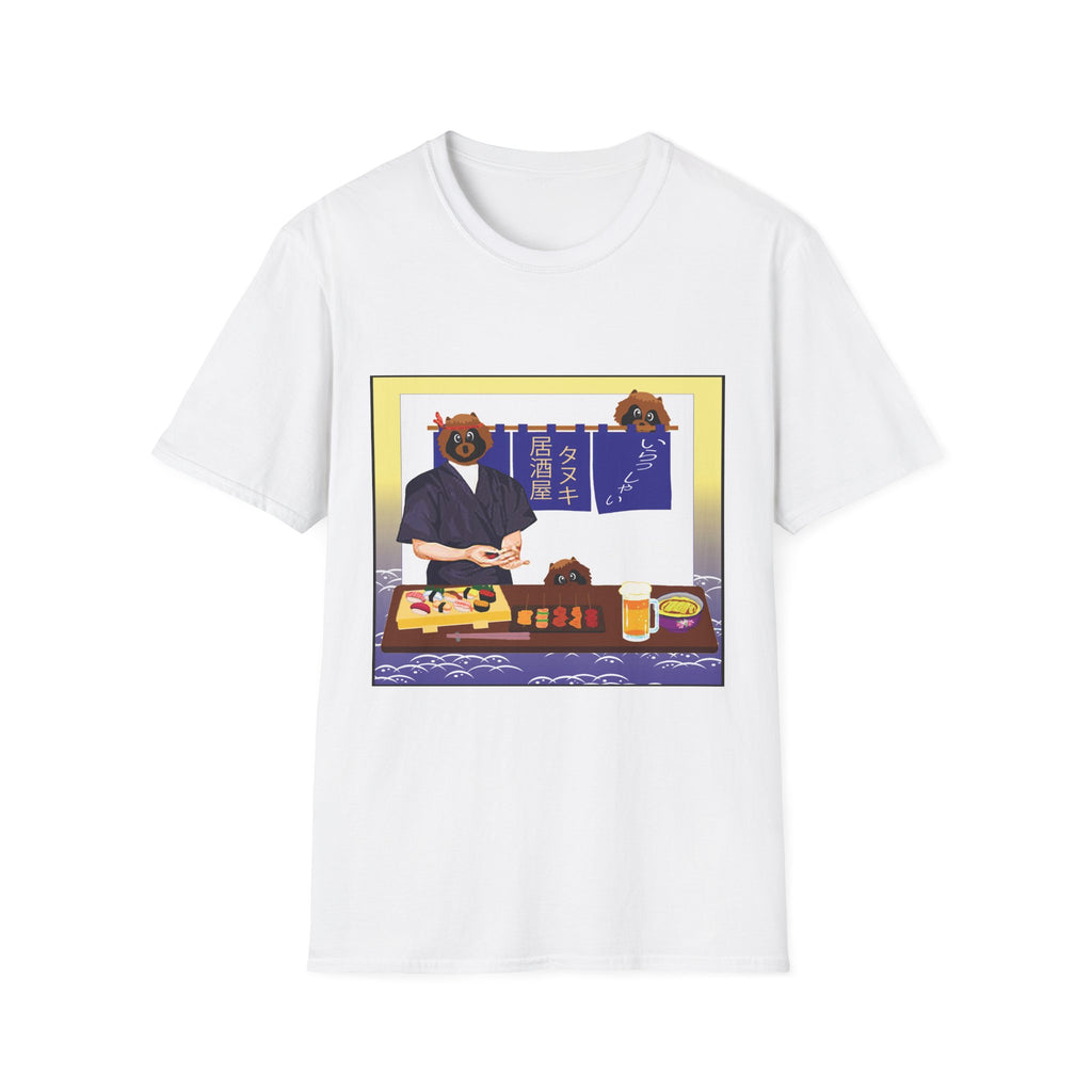 White t-shirt with a graphic of a bear in a chef's outfit and traditional Japanese setting.