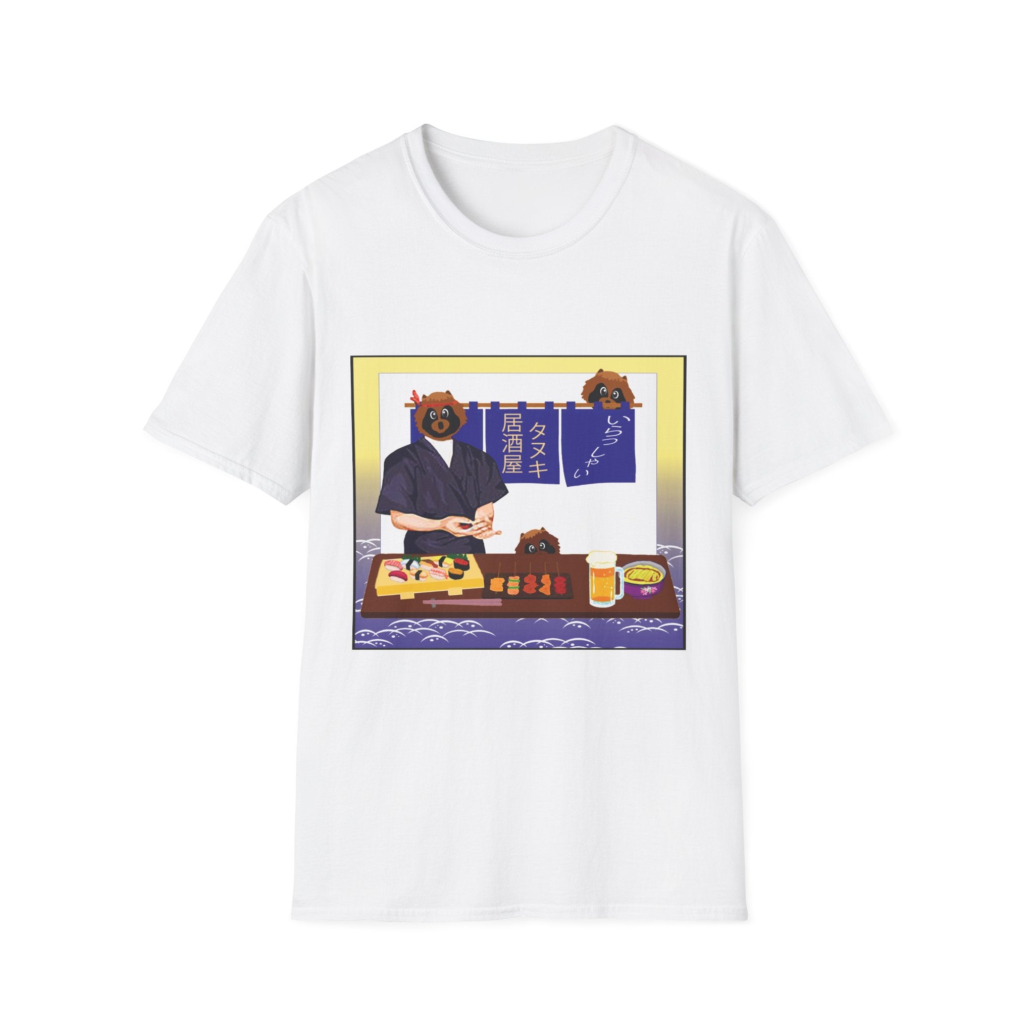 White t-shirt with a graphic of a bear in a chef's outfit and traditional Japanese setting.