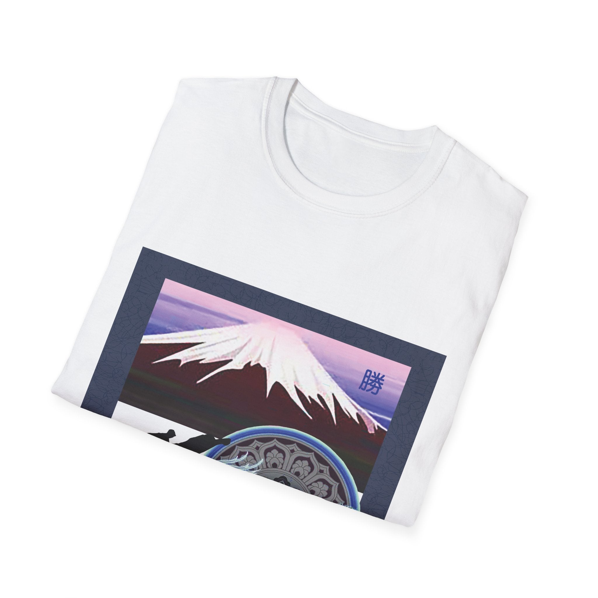 White t-shirt with Mount Fuji graphic on a white background