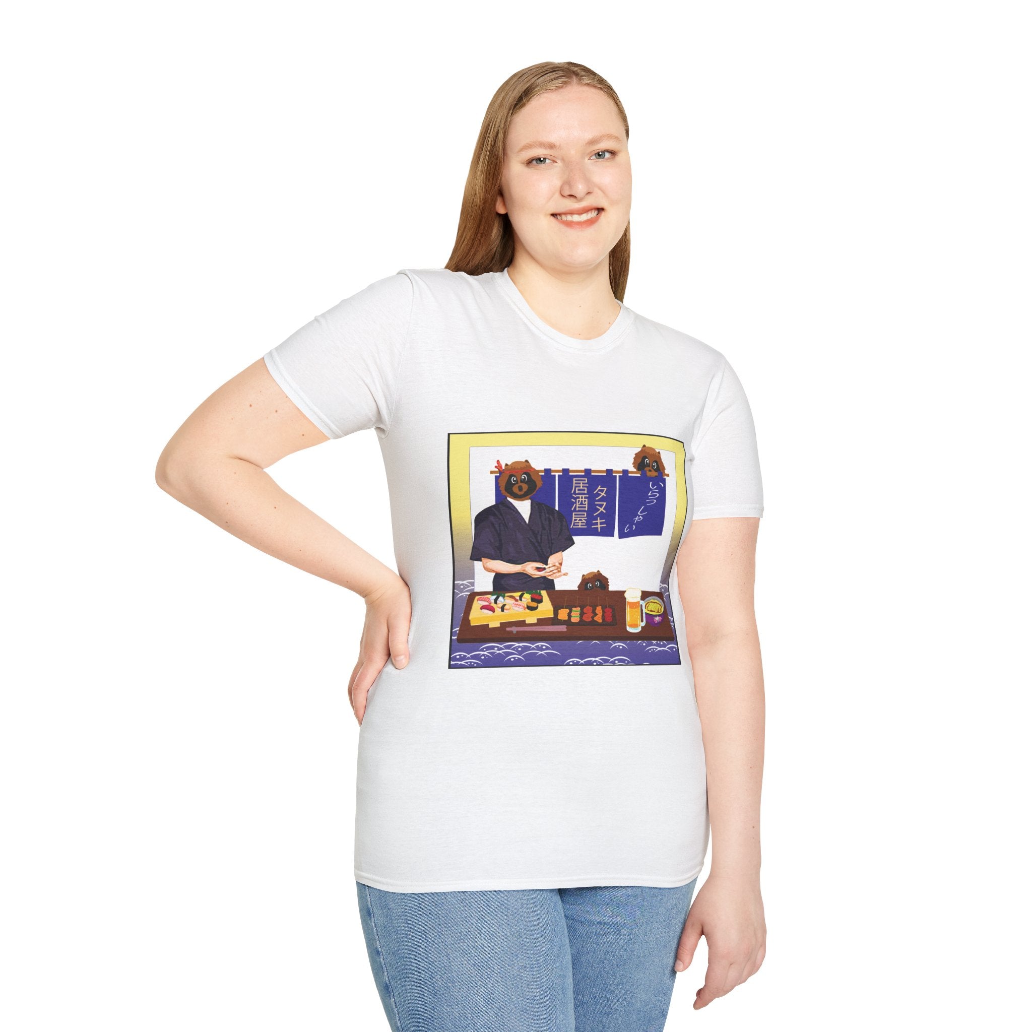 Female wearing a white t-shirt with a graphic design on a white background