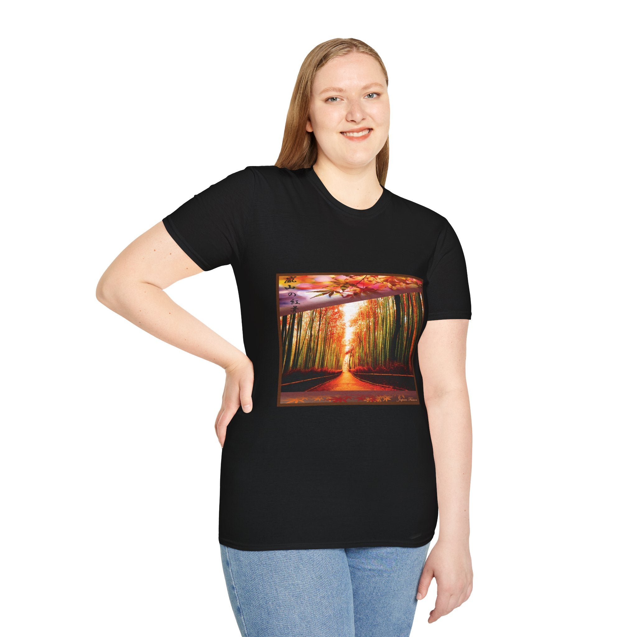 Female wearing a black t-shirt with a colorful graphic design on a white background