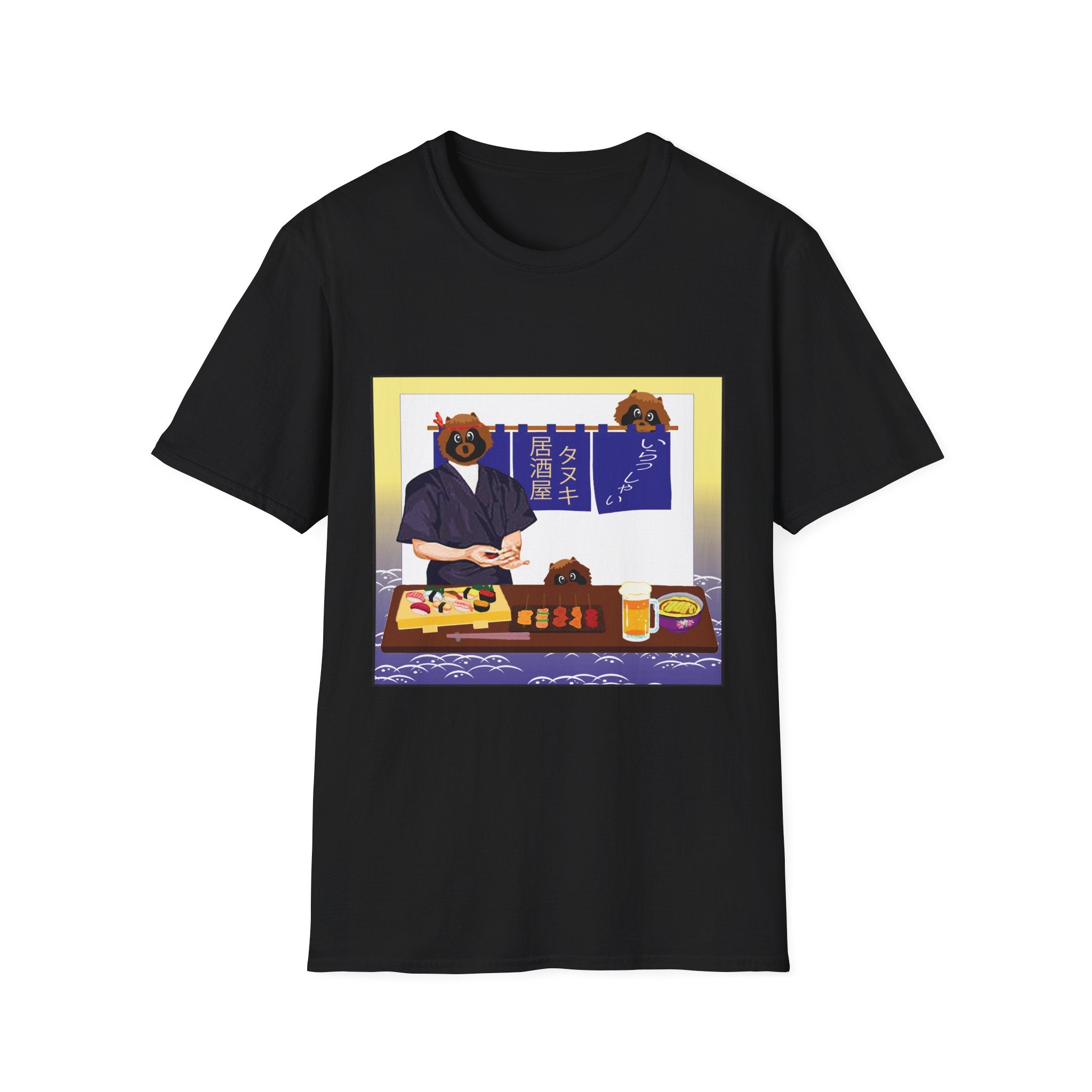Black t-shirt with a graphic of a bartender and drinks on a white background