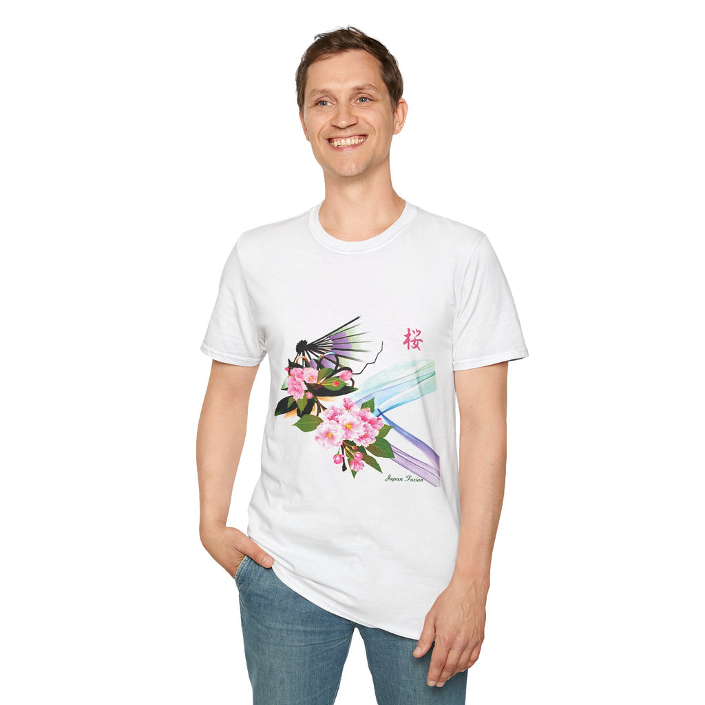 Male wearing a white t-shirt with a colorful design on a white background
