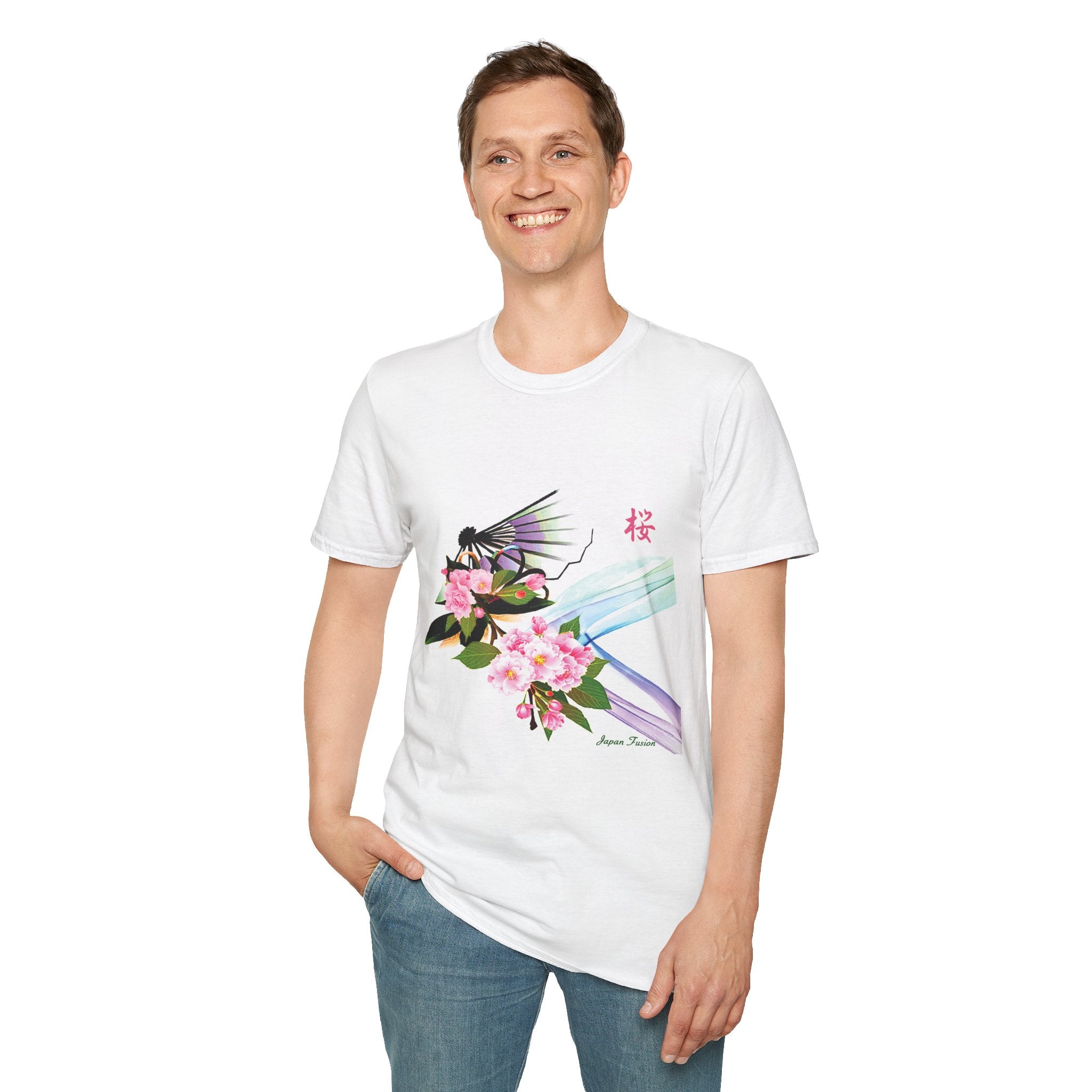 Male wearing a white t-shirt with a colorful design on a white background