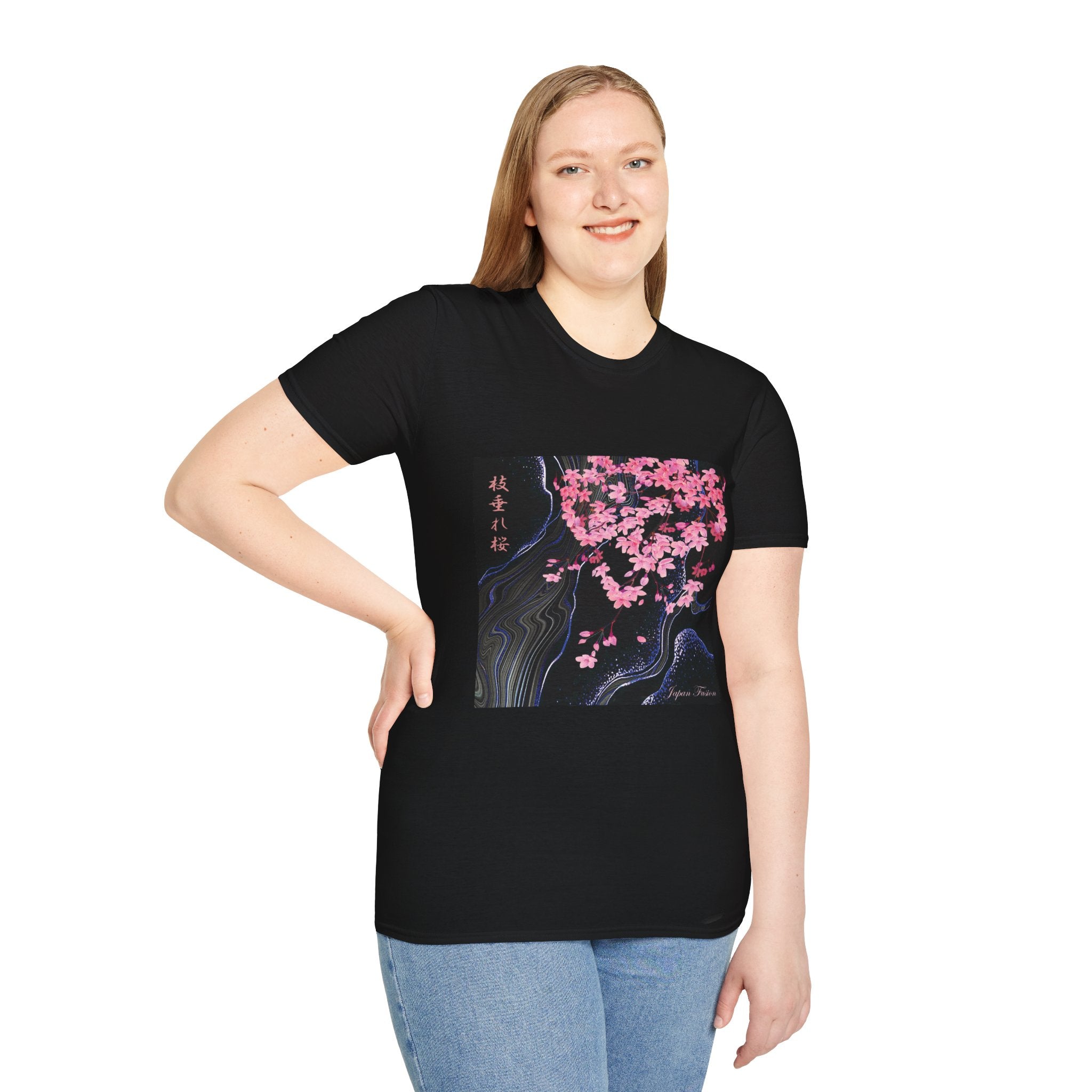 Female wearing a black t-shirt with a pink floral design on a white background