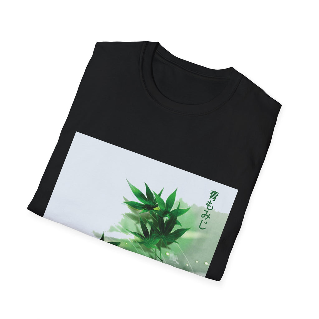 Black t-shirt with a green leaf design on a white background