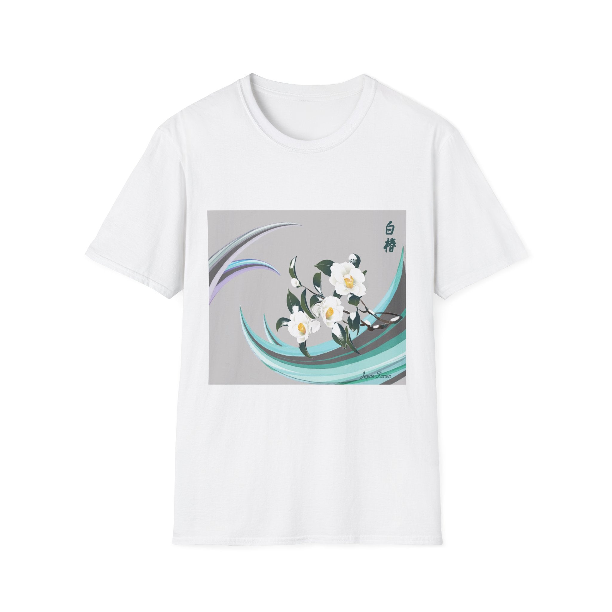 Japan Fusion Camellia in Waves Japanese floral art gray unisex graphic White t-shirt