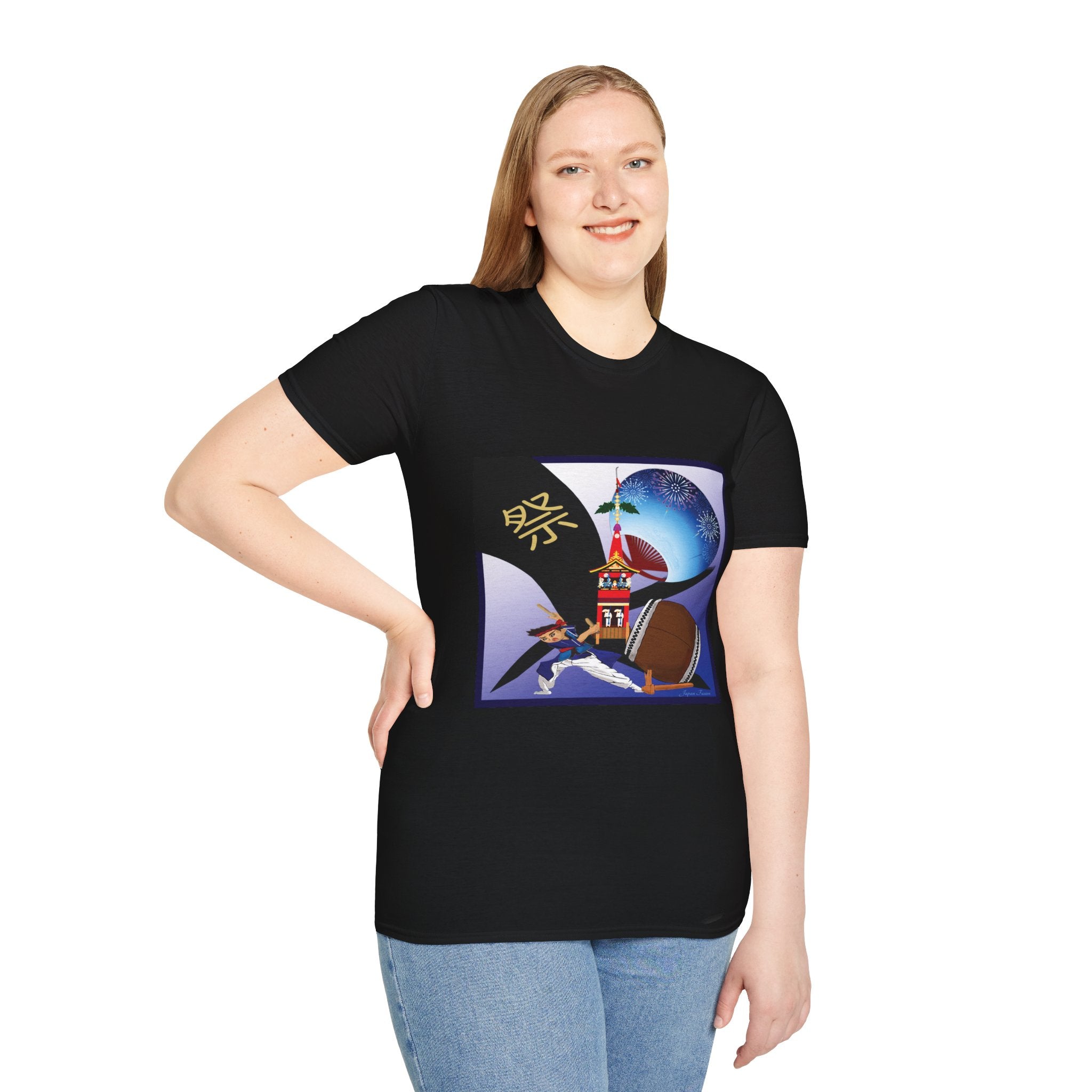 Female wearing a black t-shirt with a colorful graphic design on a white background