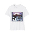 White t-shirt with a graphic design featuring Mount Fuji and a dragon on a white background