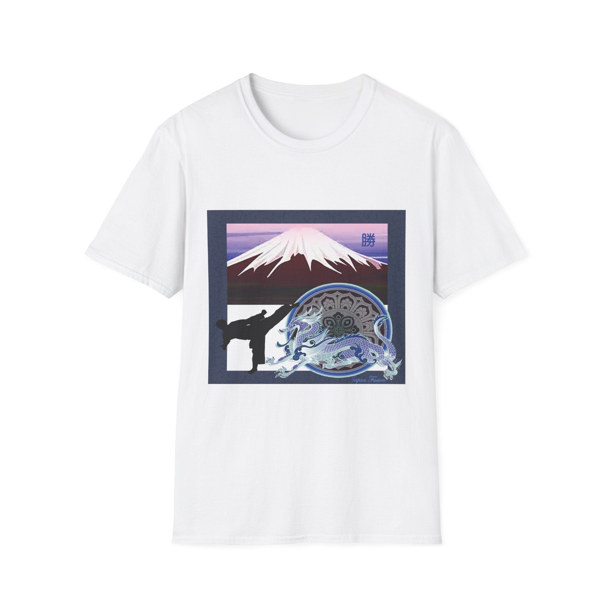 White t-shirt with a graphic design featuring Mount Fuji and a dragon on a white background